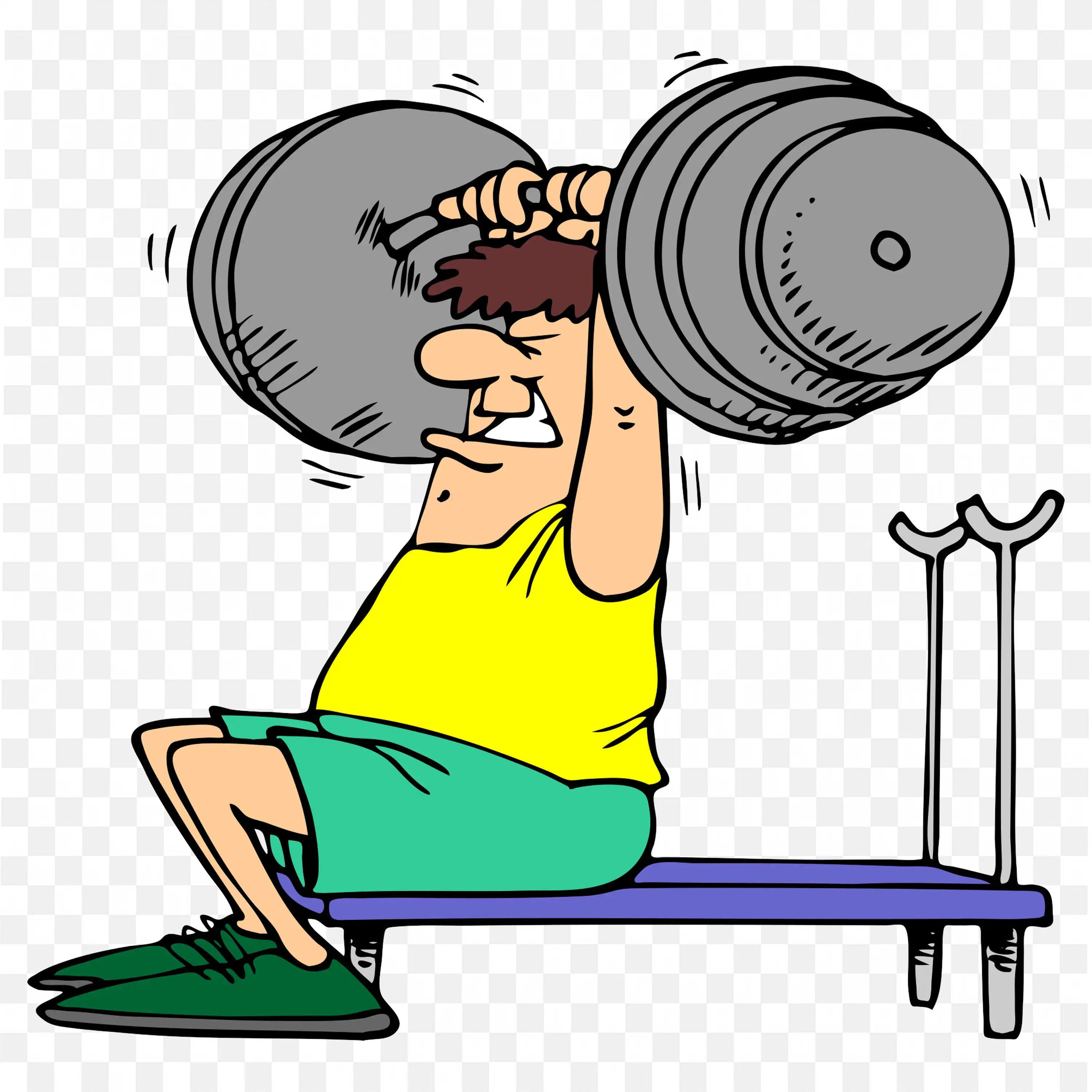 Cartoon Man Lifting Heavy Dumbbell on Bench Png for Free