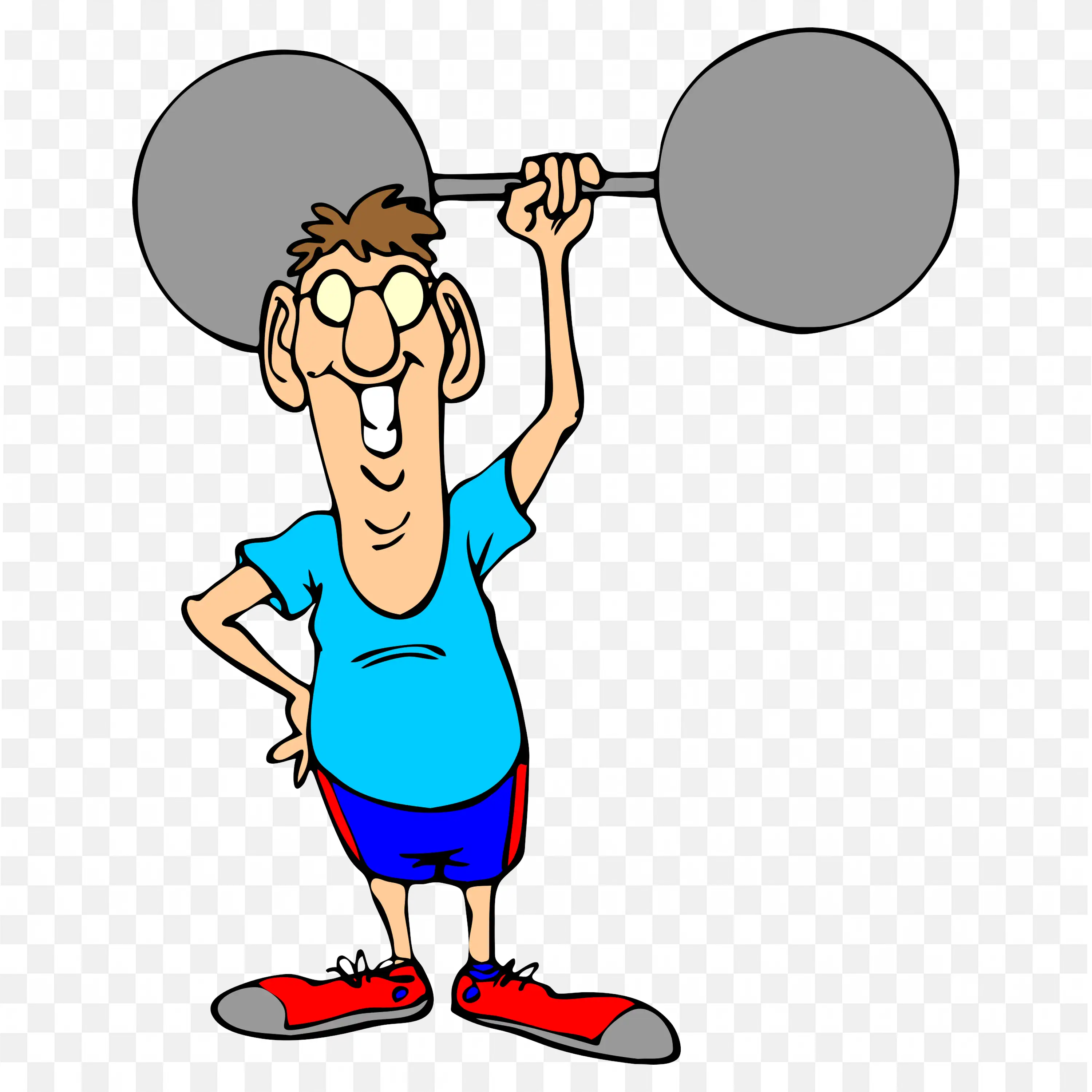 Cartoon Man Lifting Heavy Workout Bar with a Confident Smile