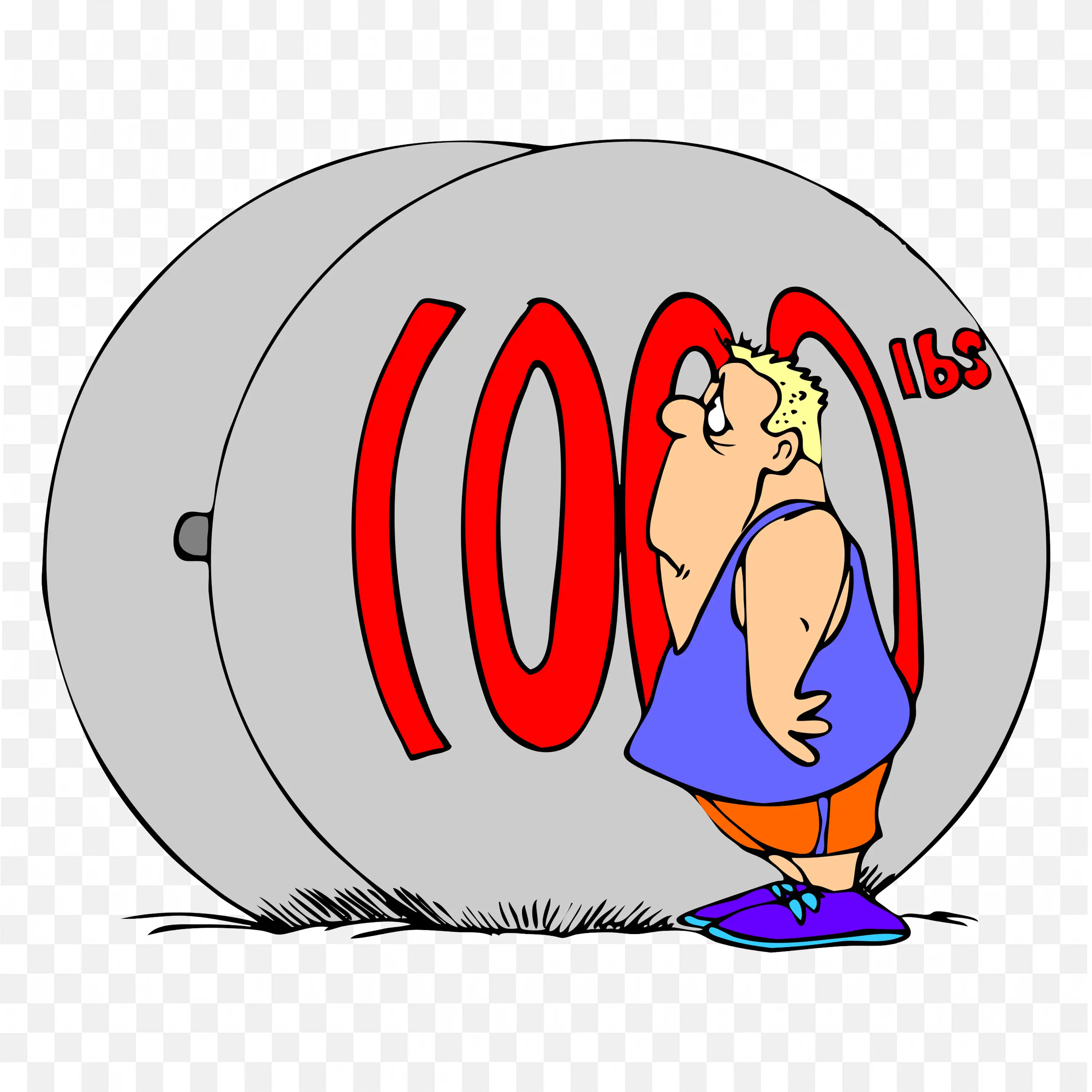 Cartoon Man Looking at a Huge Thousand Pound Weight Png