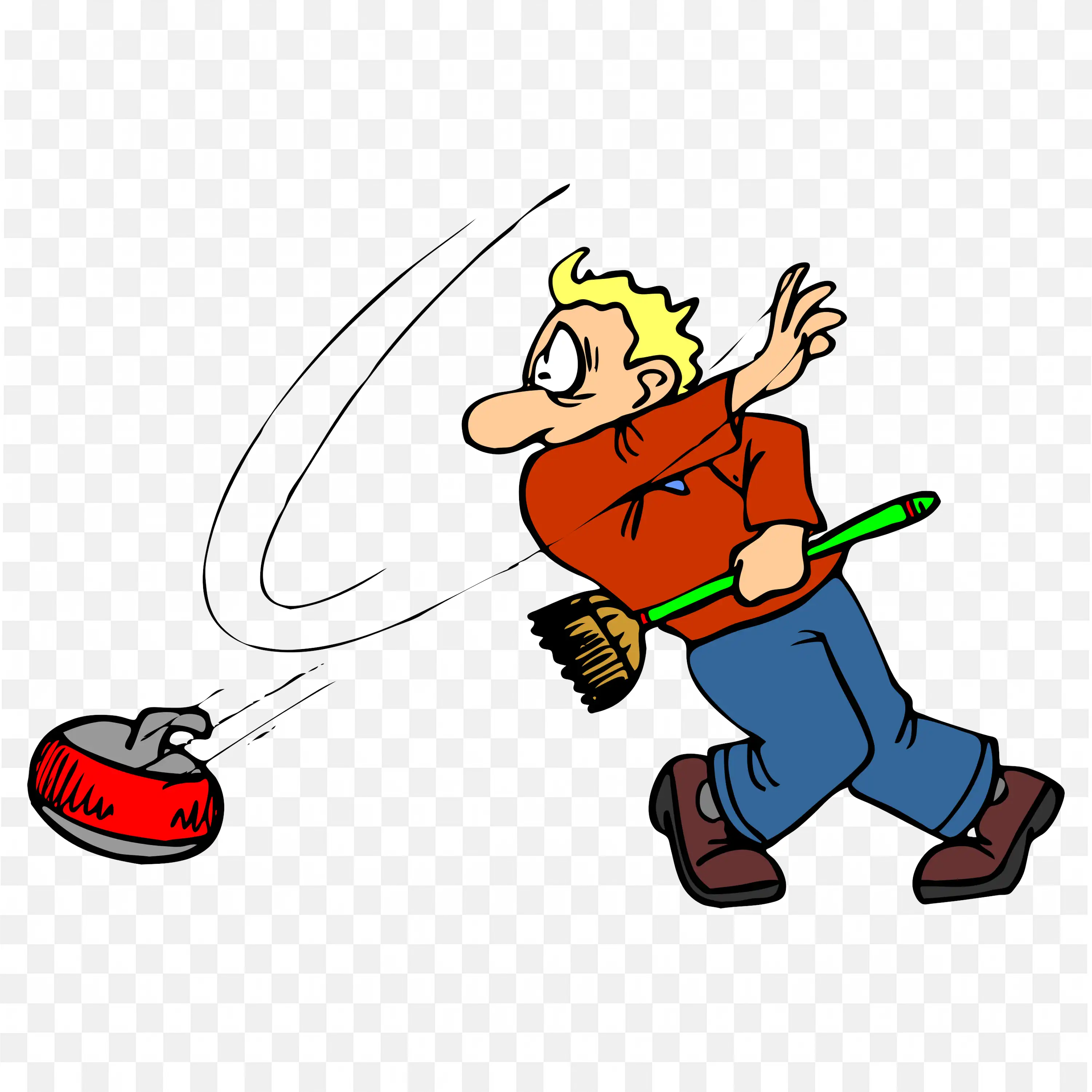 Cartoon Man Playing Curling Sport with Broom and Stone Png