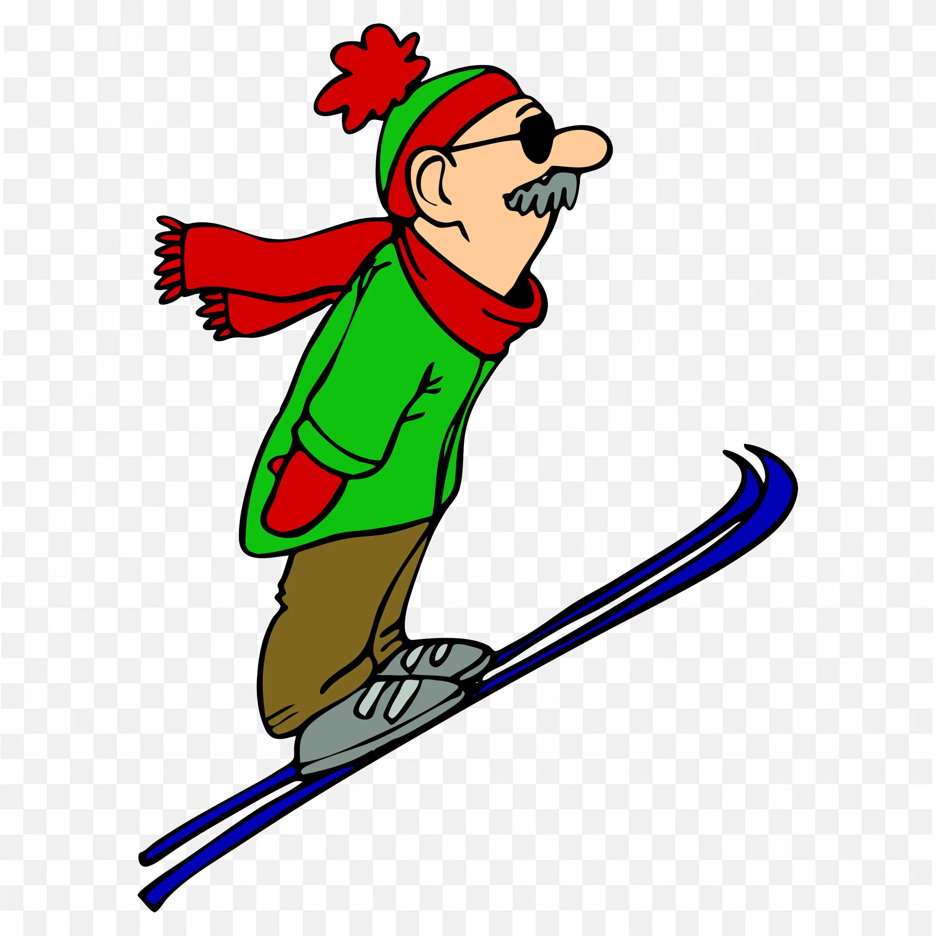 Cartoon Man Skiing in Red Scarf and Green Coat Png Free