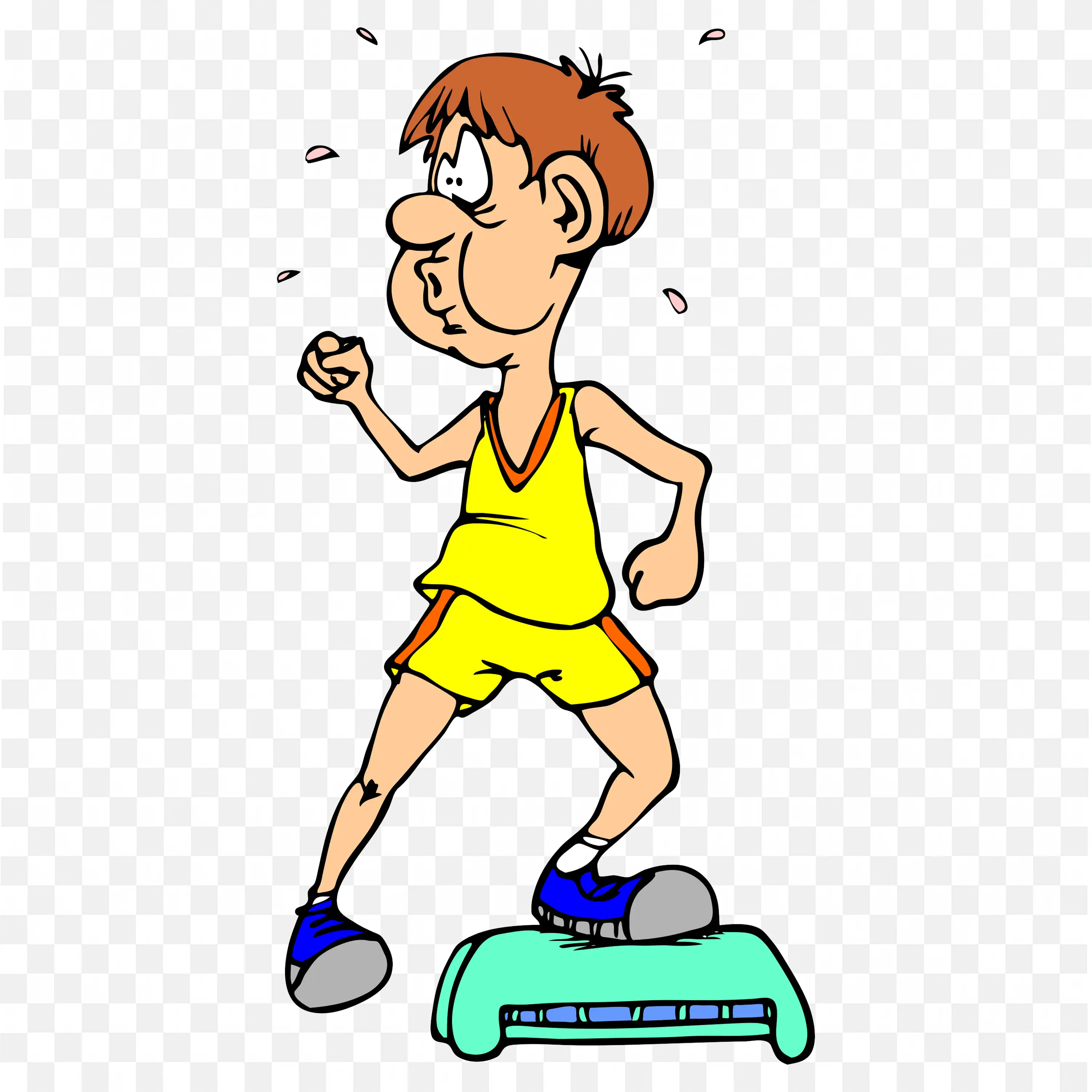 Cartoon Man Sweating While Exercising on a Step Platform