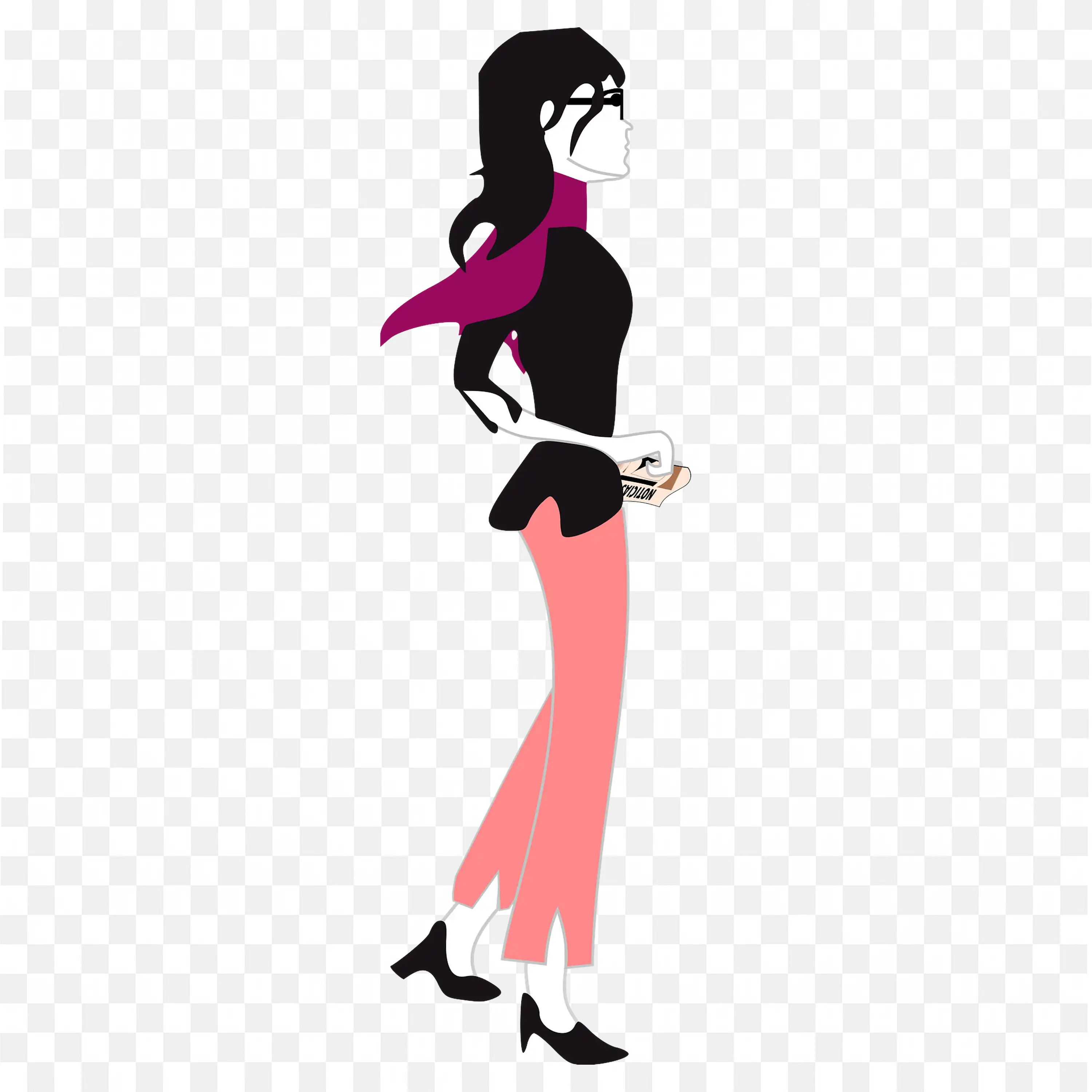 Cartoon Woman in Black Top and Pink Pants with Purple Scarf