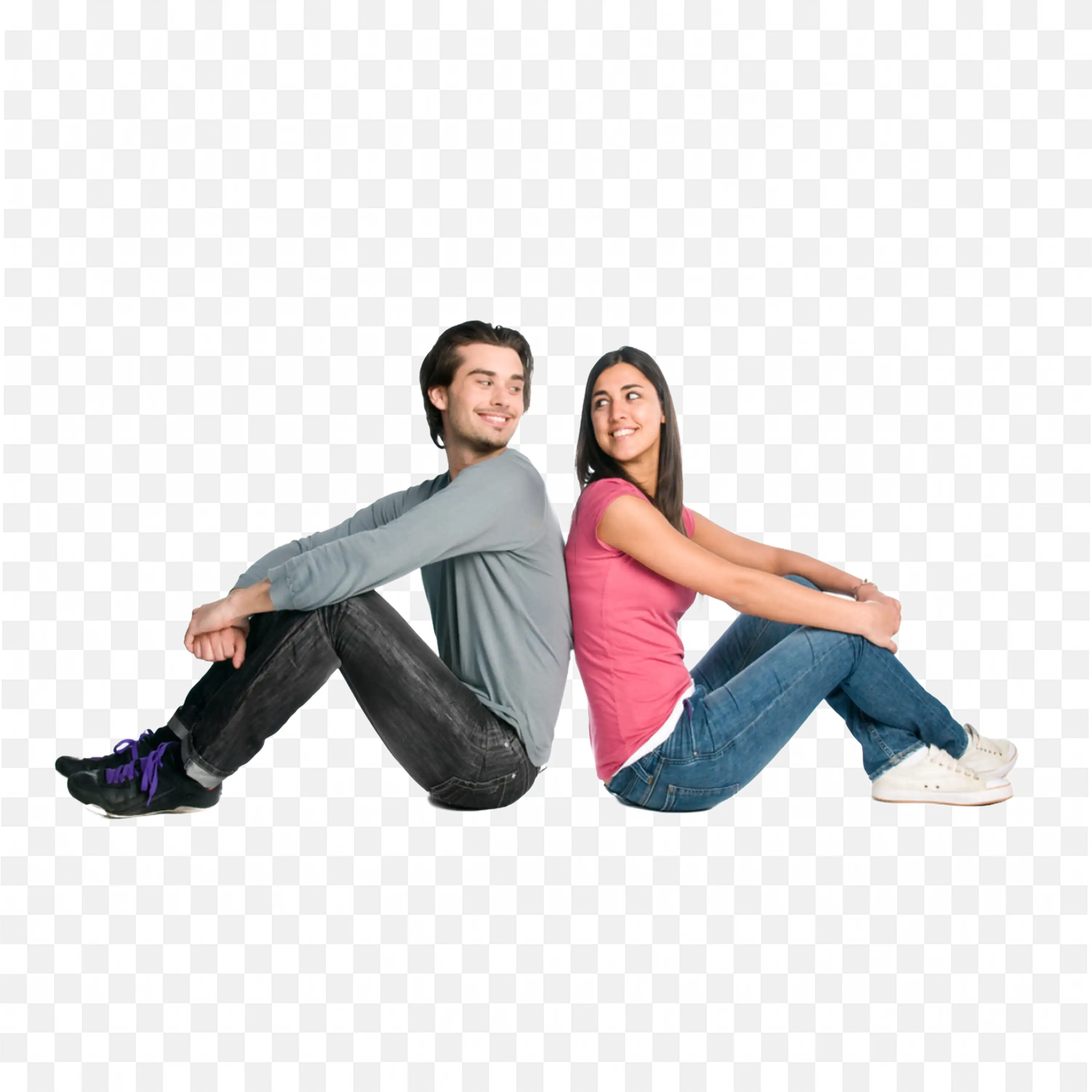 Casual Couple Sitting Back to Back and Smiling Png Image