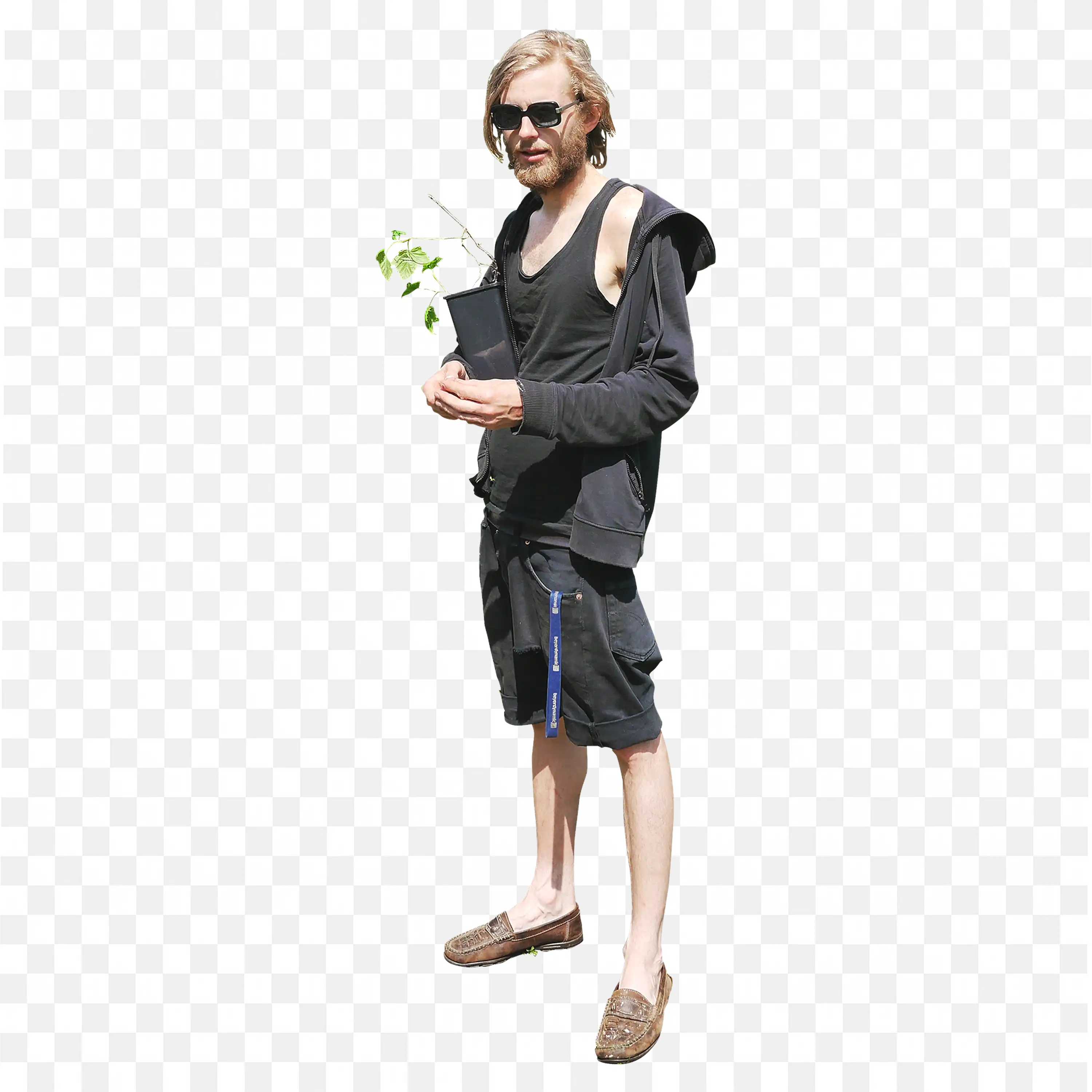 Casual Man with Open Shirt and Sunglasses Holding Plant