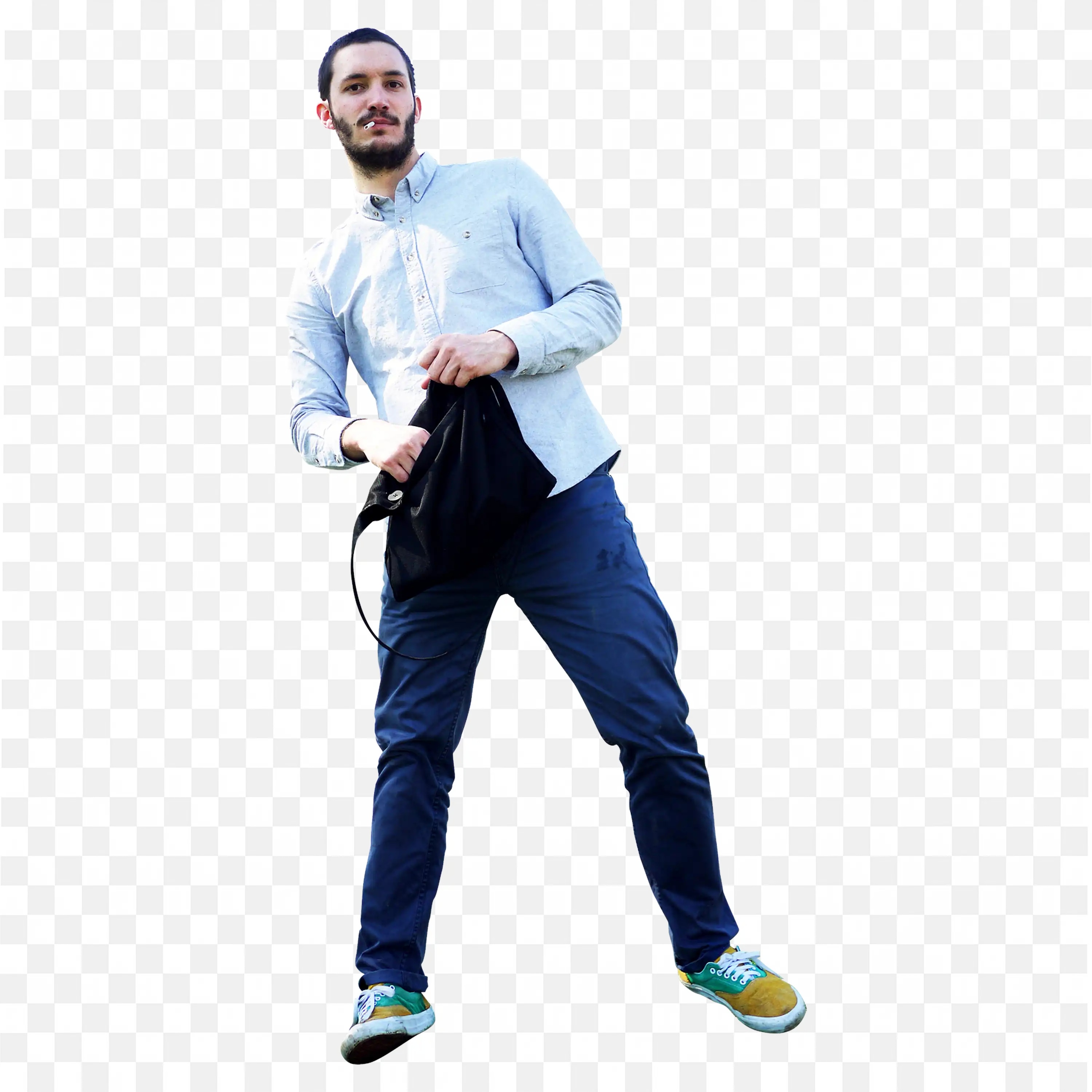 Casual Man Posing with Bag in Blue Shirt and Jeans Png Free