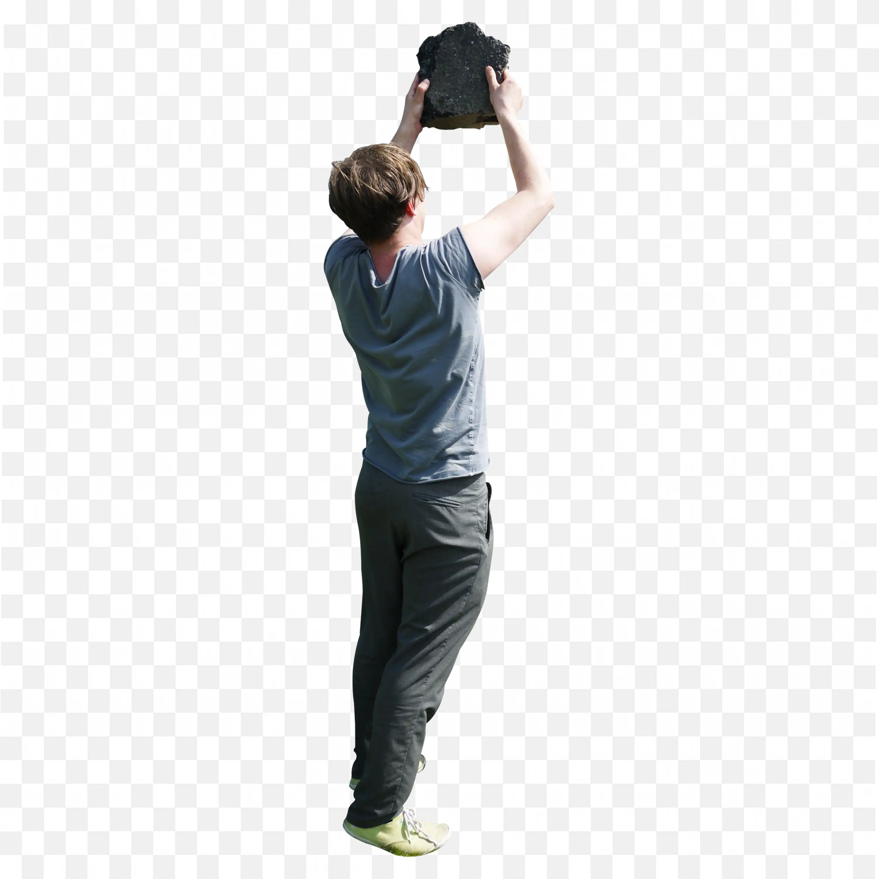 Casual Outfit Man Lifting a Large Rock Above His Head Png