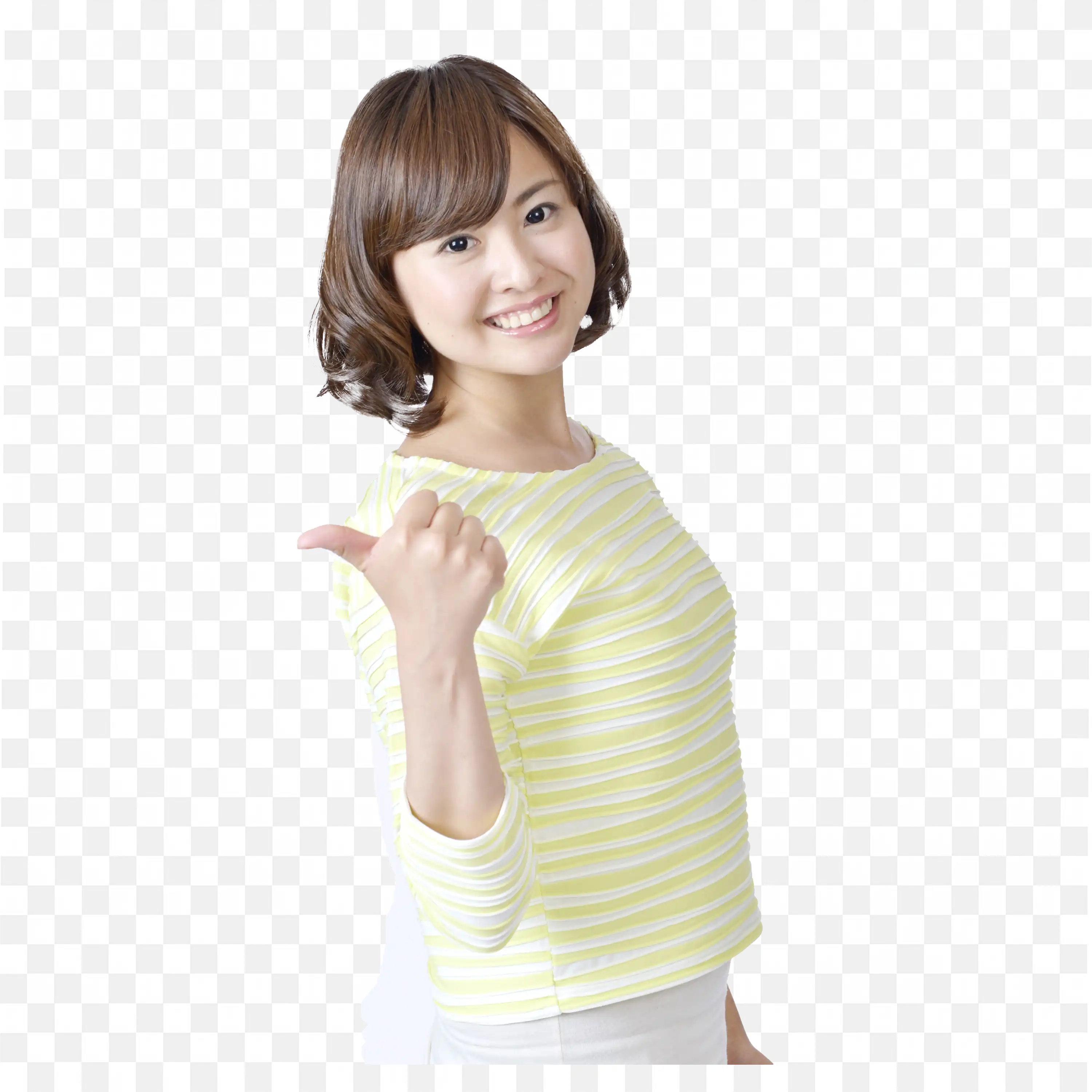 Casual Woman in Line Shirt Giving a Sideways Point Png Free