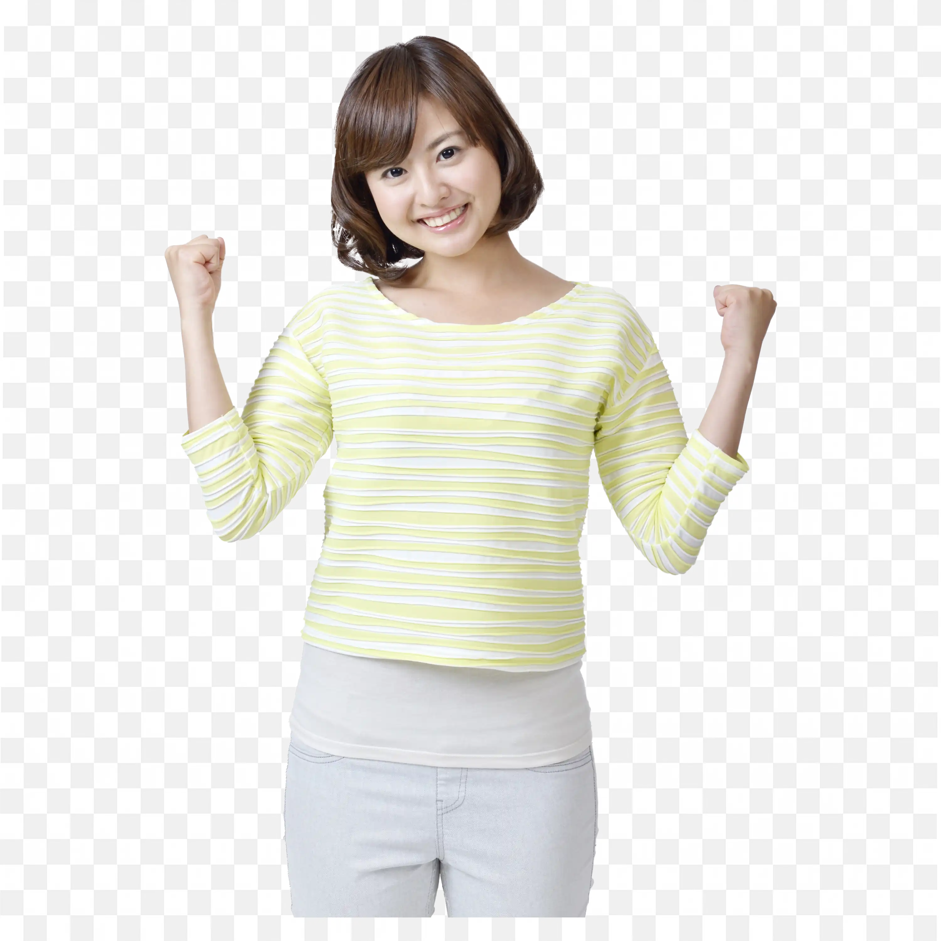 Cheerful Woman in a Light Outfit Making a Victory Pose Png
