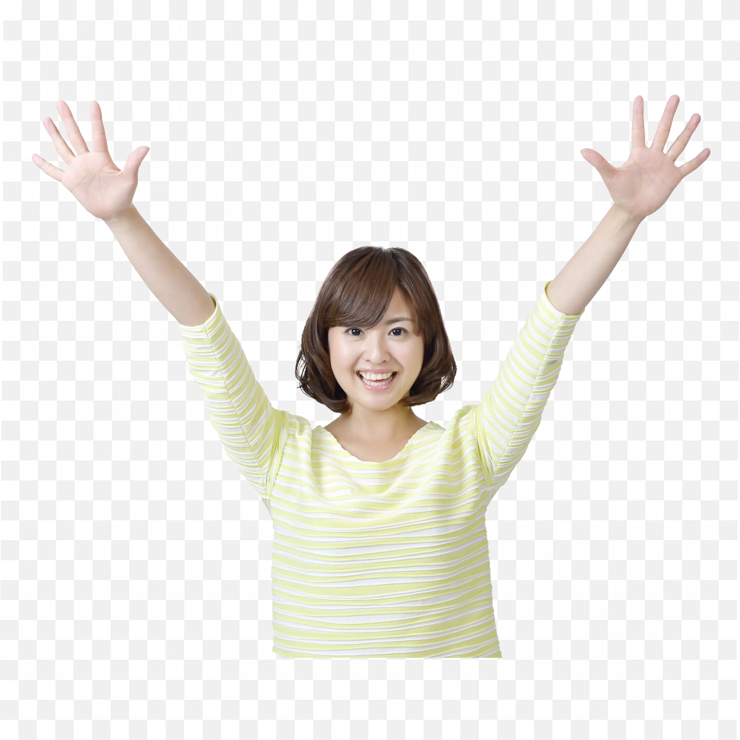 Cheerful Woman Raising Both Hands in Joyful Pose Png Image