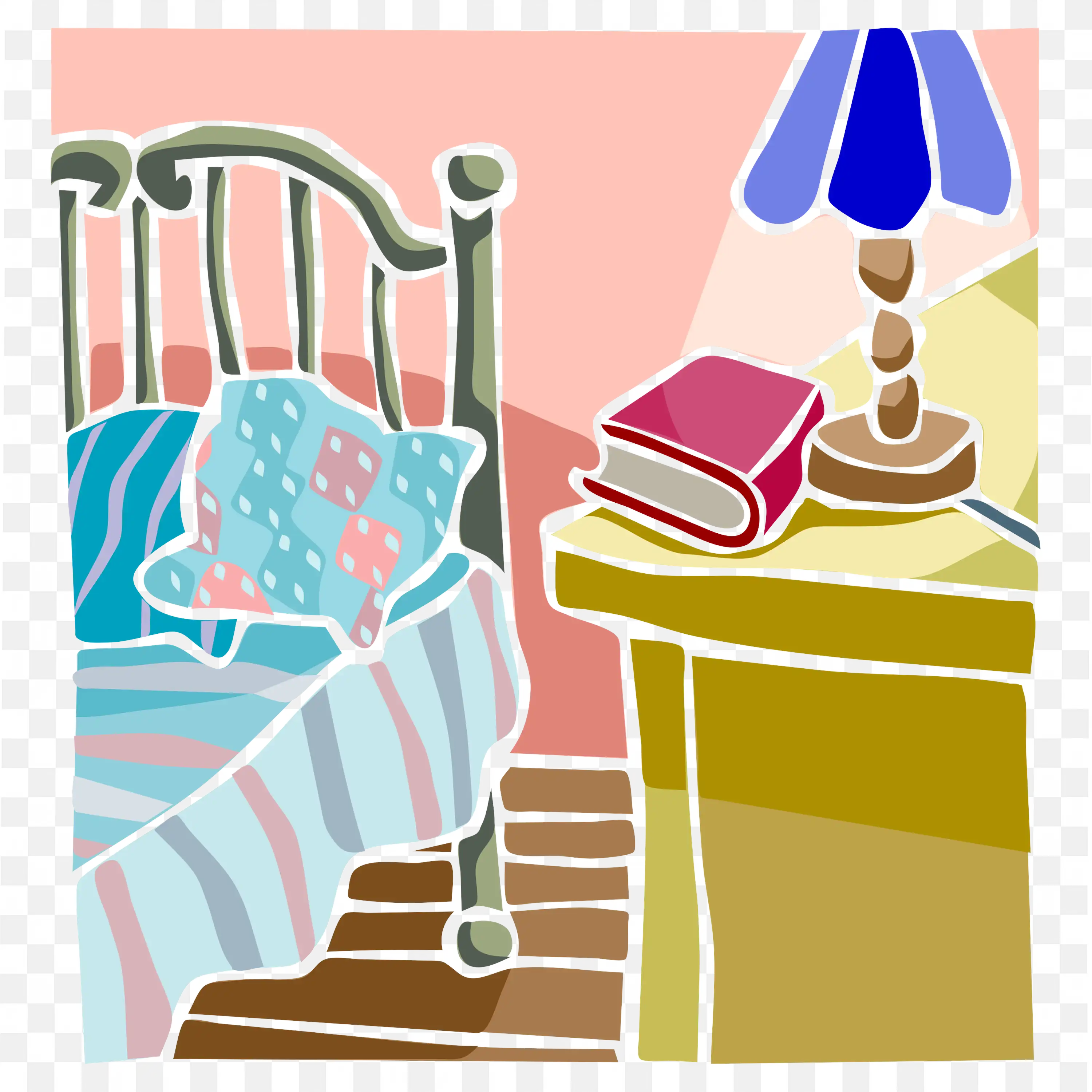 Colourful Bedroom Scene with Bed a Nightstand and Books Png