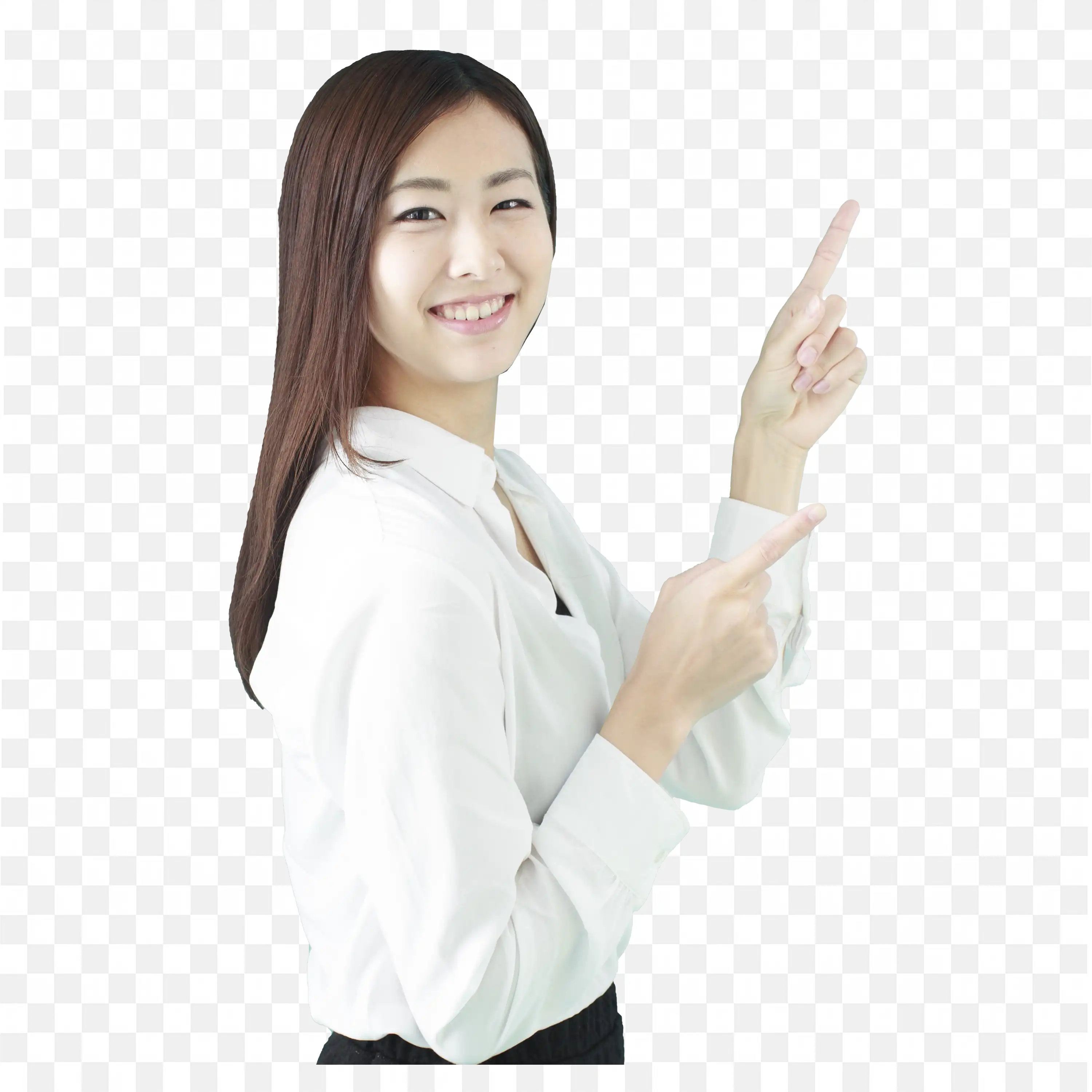 Confident Woman in White Pointing to the Side Free Png