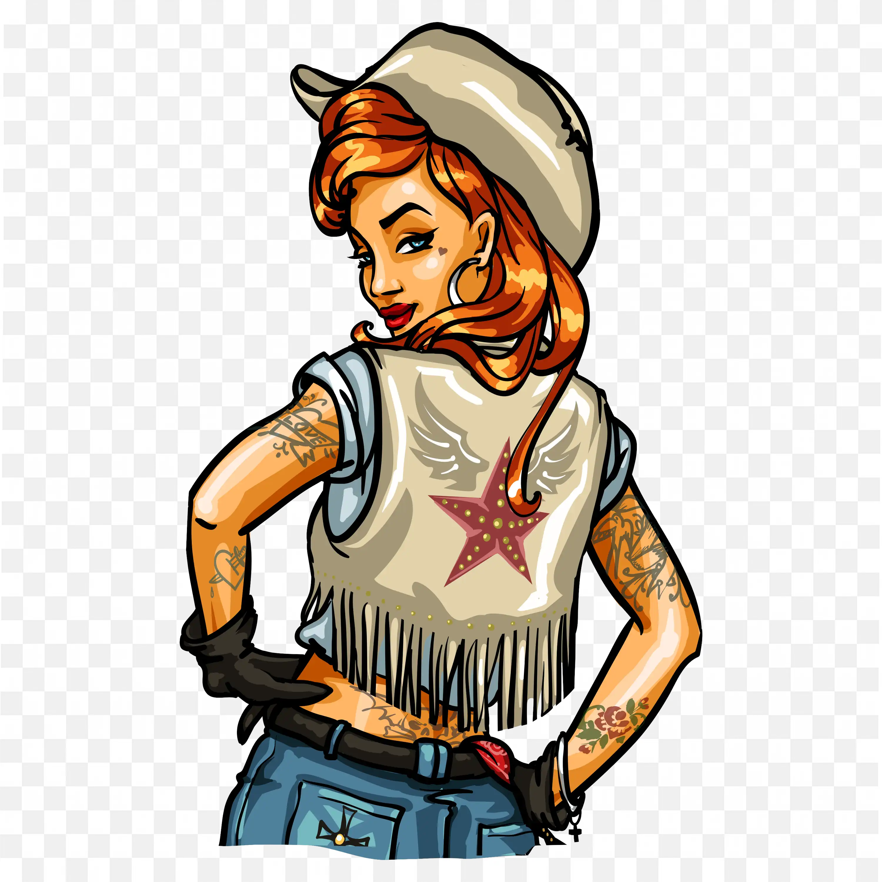 Cool Cowgirl Cartoon with Hat and Gloves Standing Proud Png