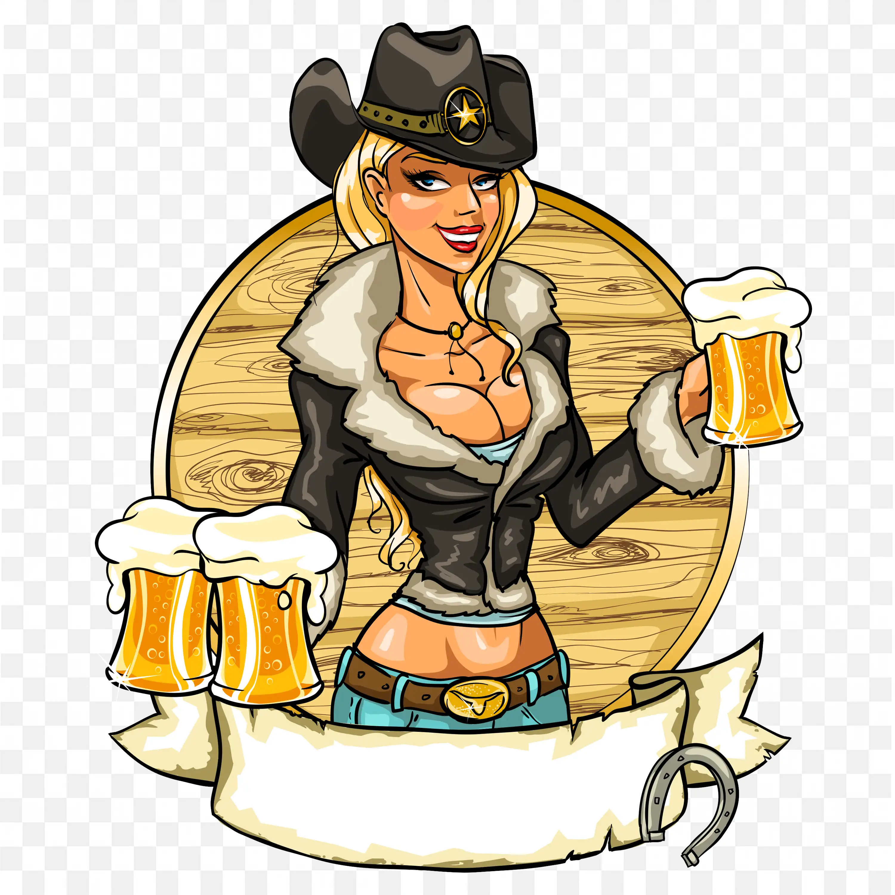 Cowgirl with Two Beer Mugs and Wooden Circle Background Png