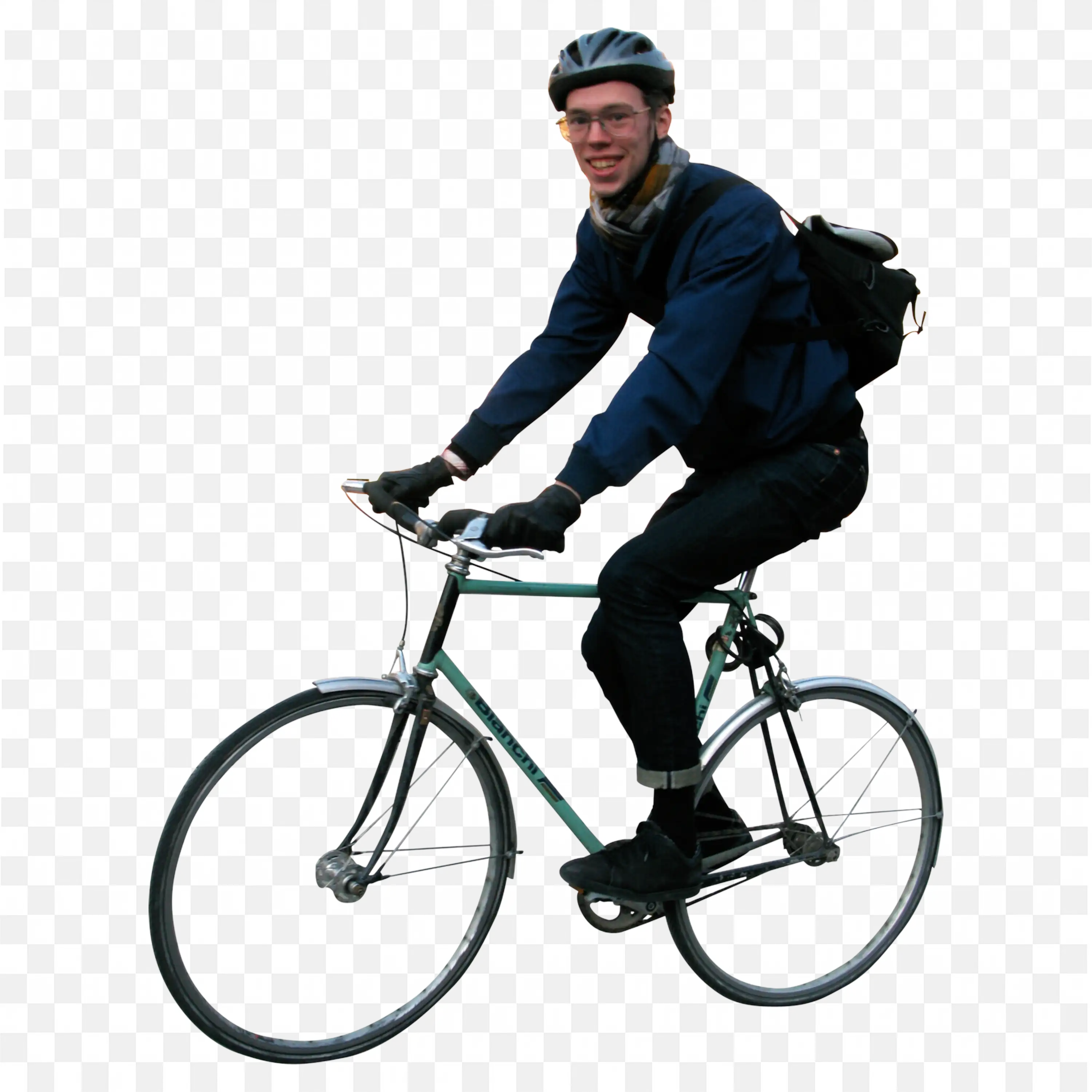 Cyclist Man Riding Bike with Backpack in Outside Png