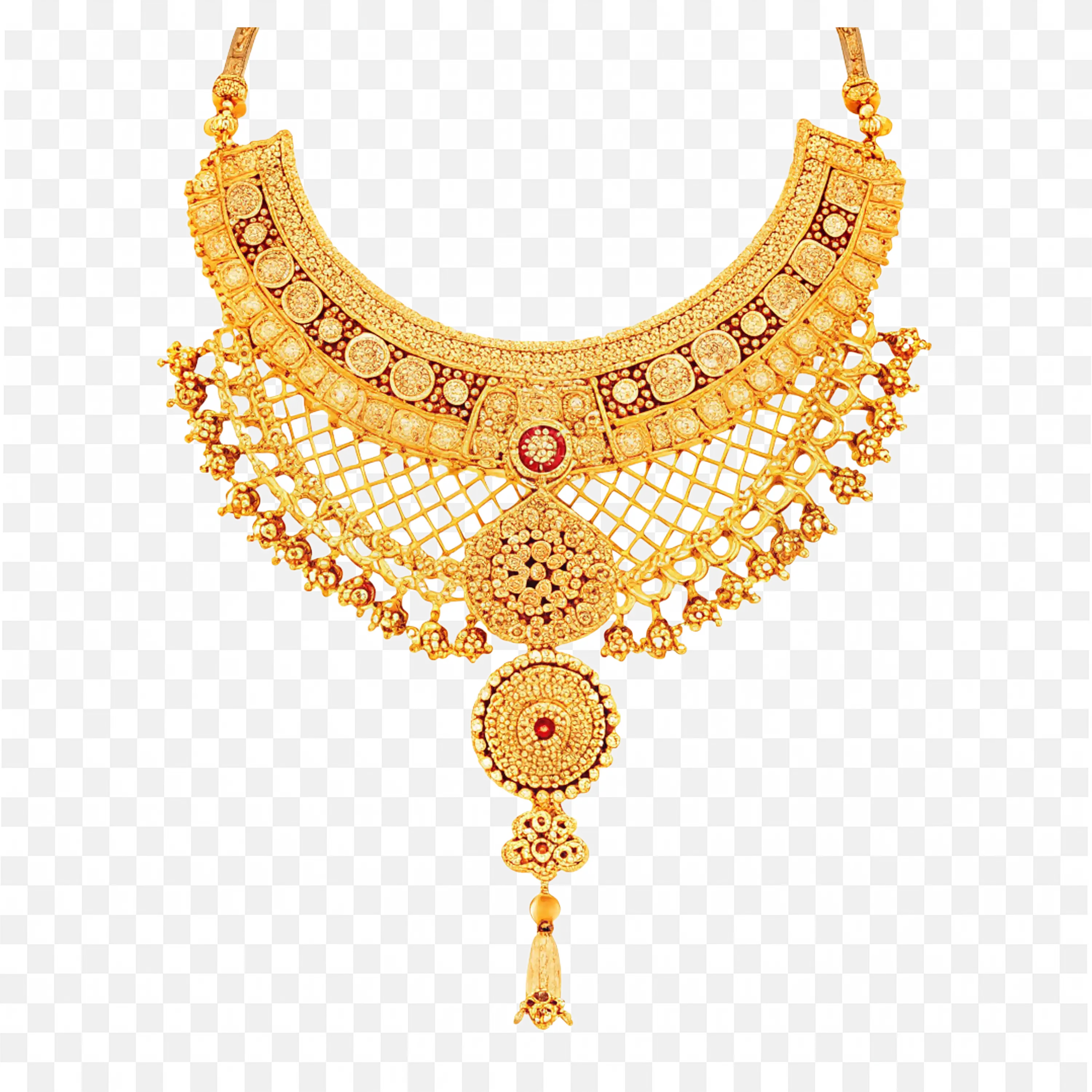 Designer Gold Necklace with Openwork Design and Pendant Png