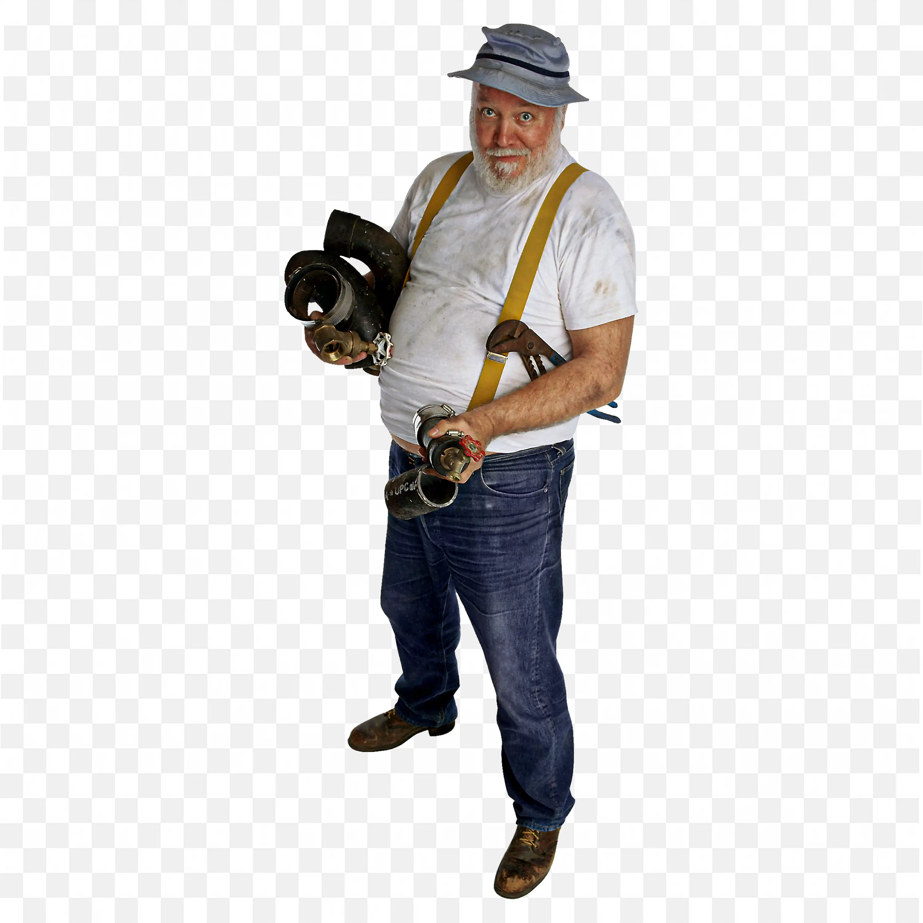 Elder Plumber Holding Multiple Tools and Pipes for Repairs