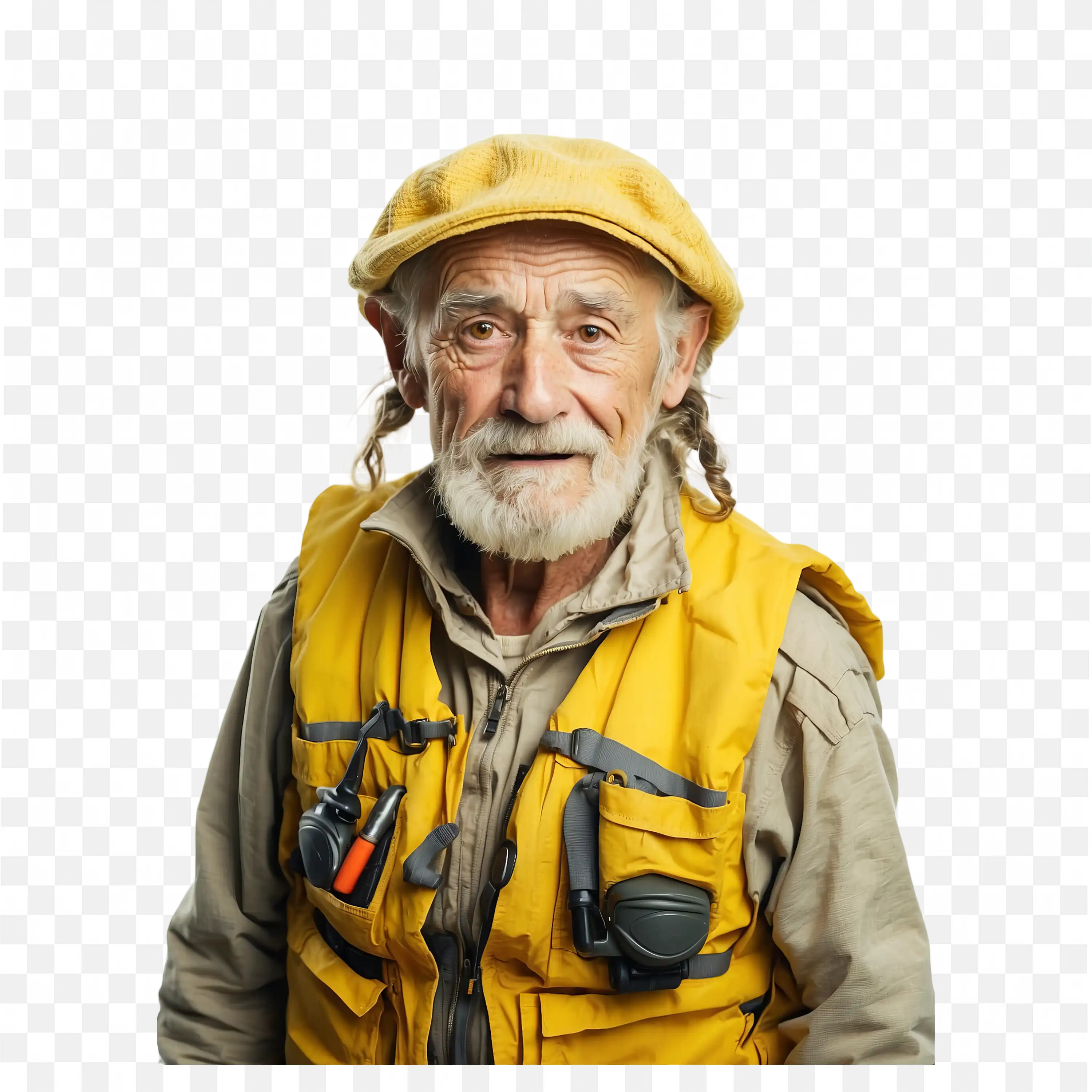 Elderly Fisherman in a Yellow Waistcoat and Hat Png Free