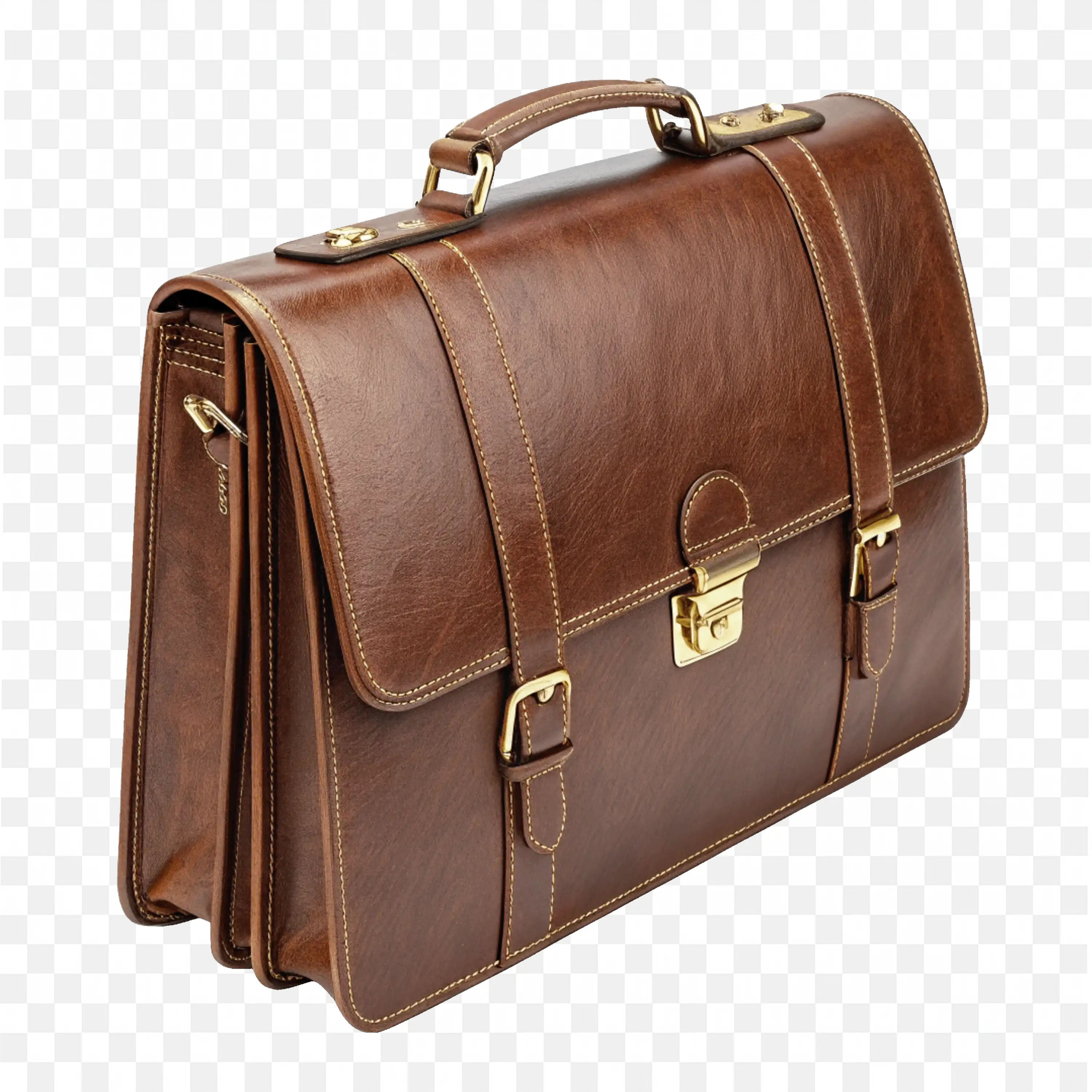 Elegant Brown Leather Bag with Handle and Lock Png Free