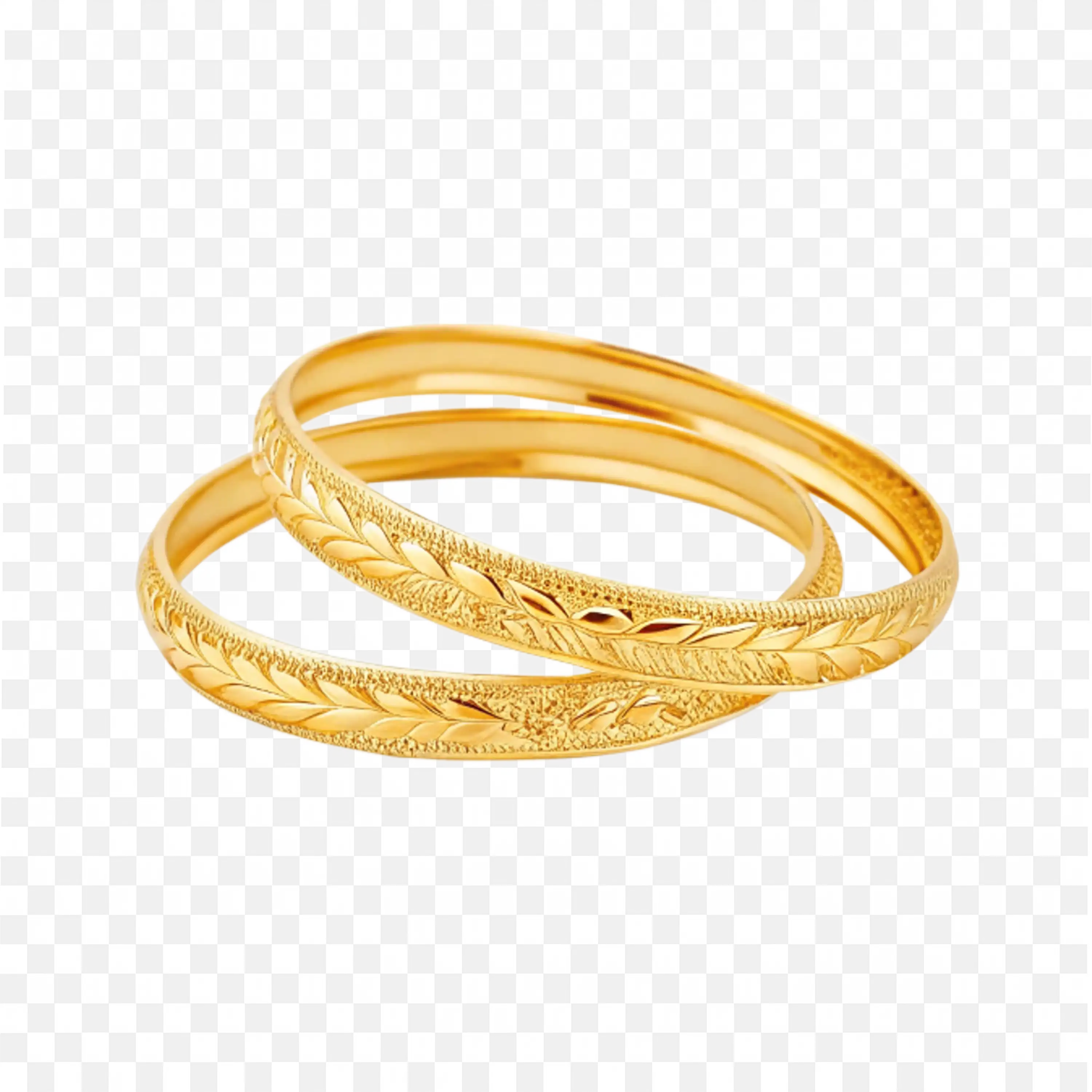 Elegant Pair of Gold Bangles with Leaf Design Pattern Png