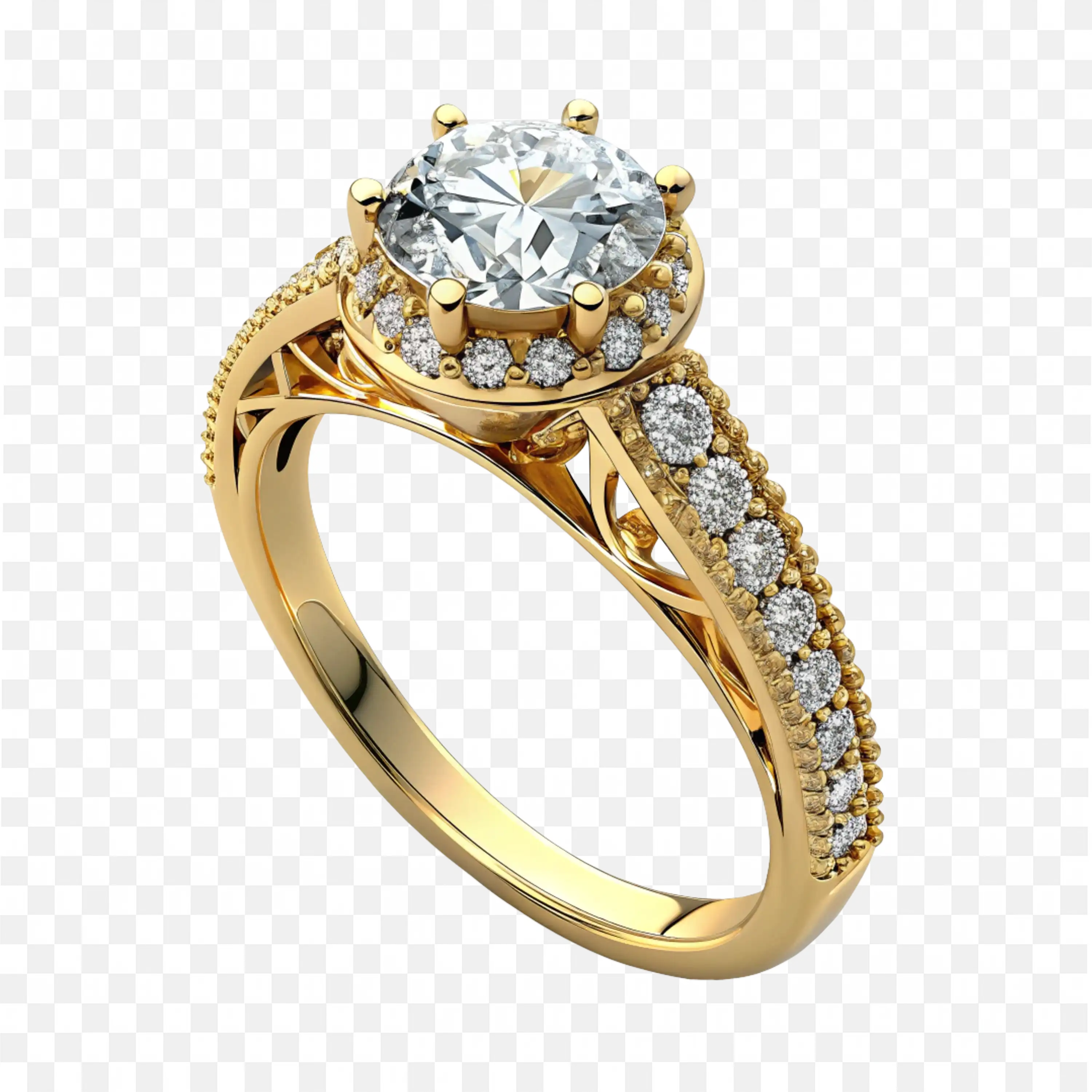 Engagement Gold Ring with Central Diamond and Side Stones