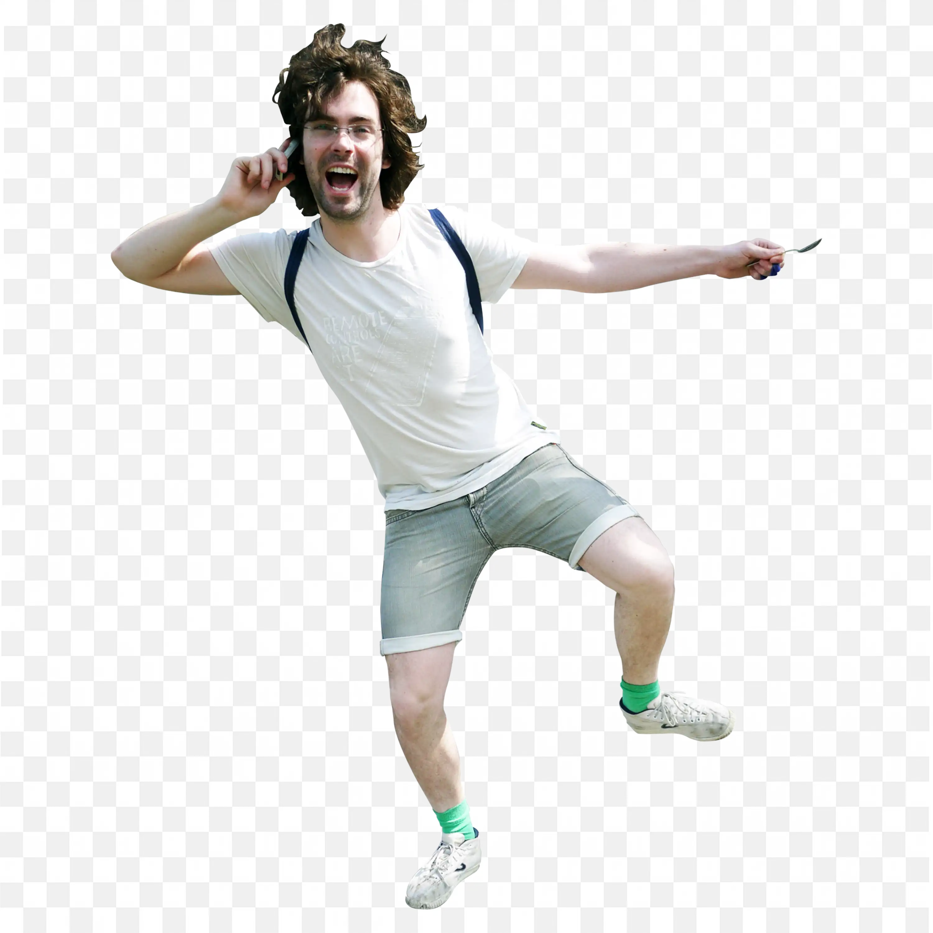 Excited Man Wearing Shorts and Backpack with Jumping Pose