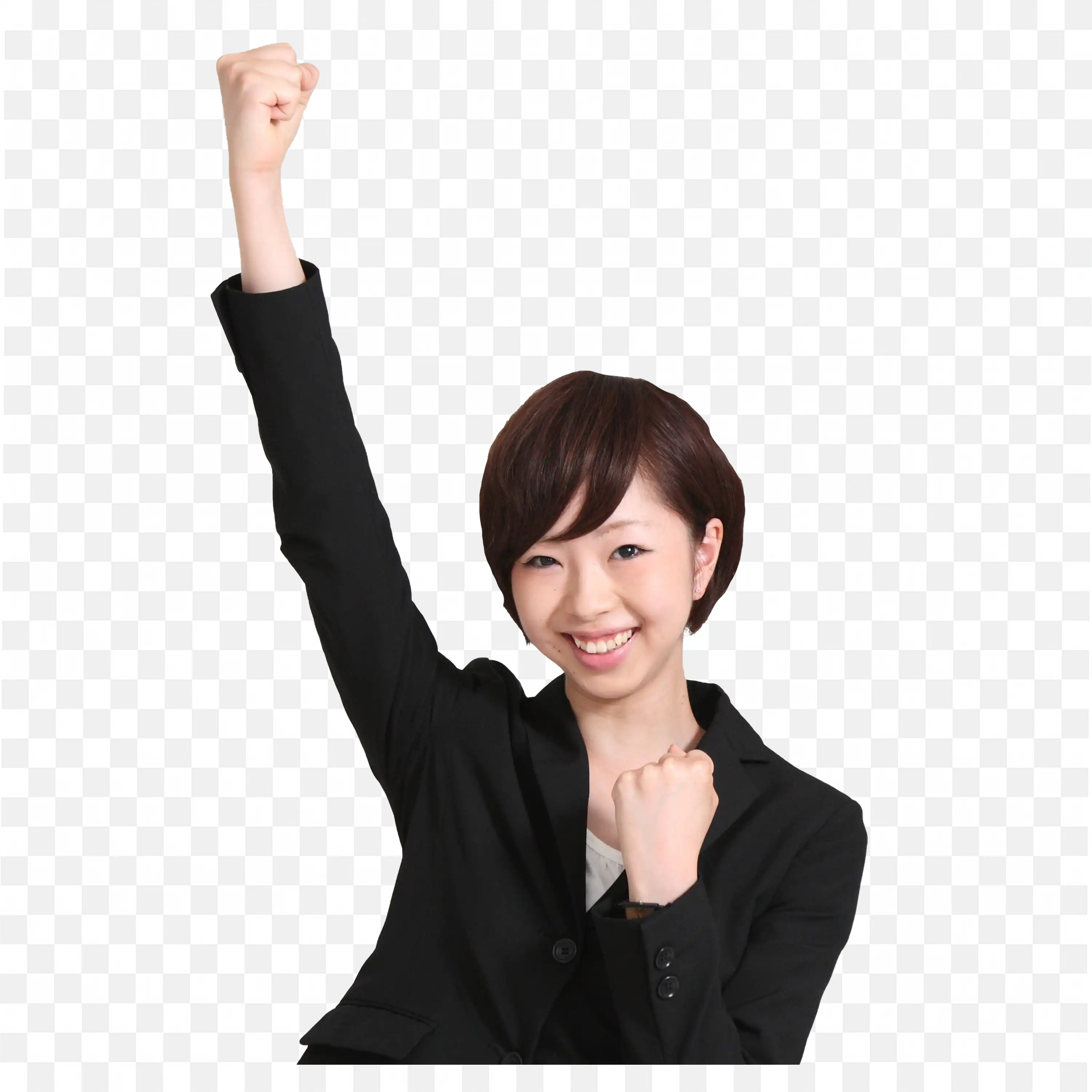 Excited Woman in Suit Raising Hands in Celebration Png