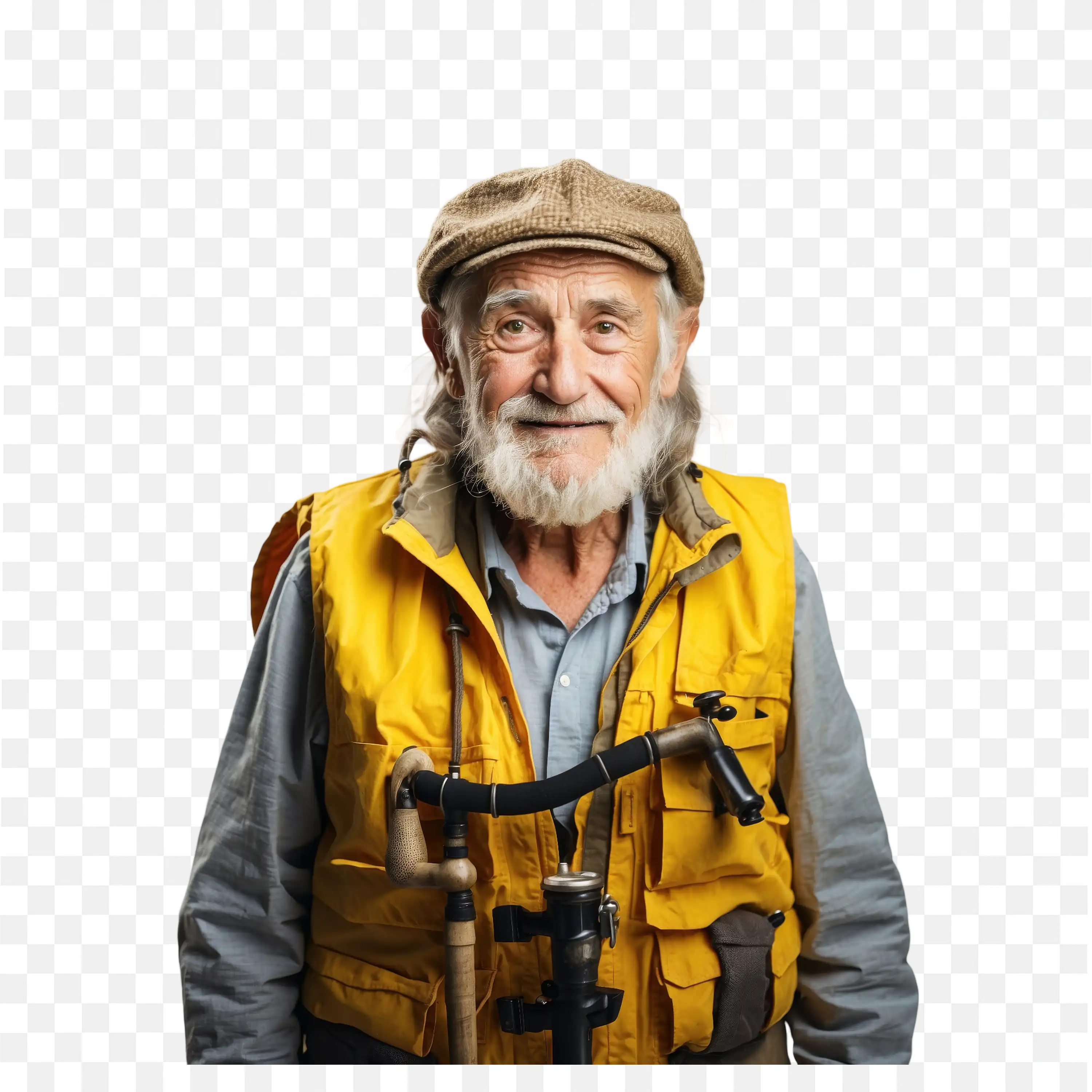 Experienced Fisherman Wearing Fishing Equipment and Cap