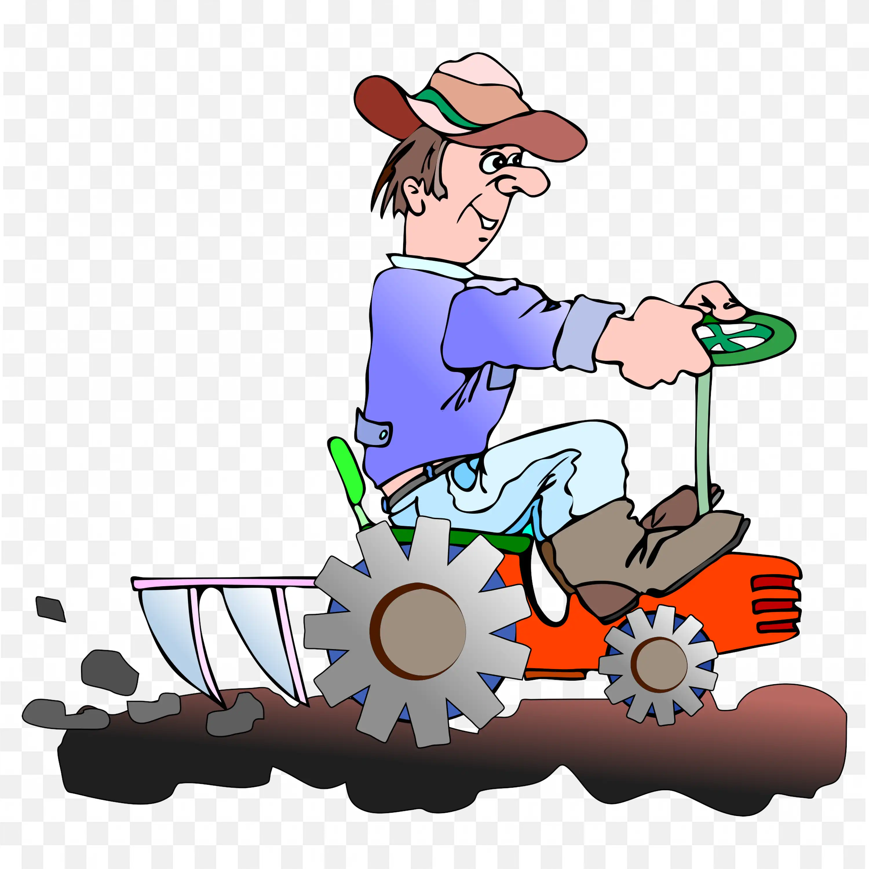 Farmer Driving Orange Tractor with Blue Shirt Cartoon Png