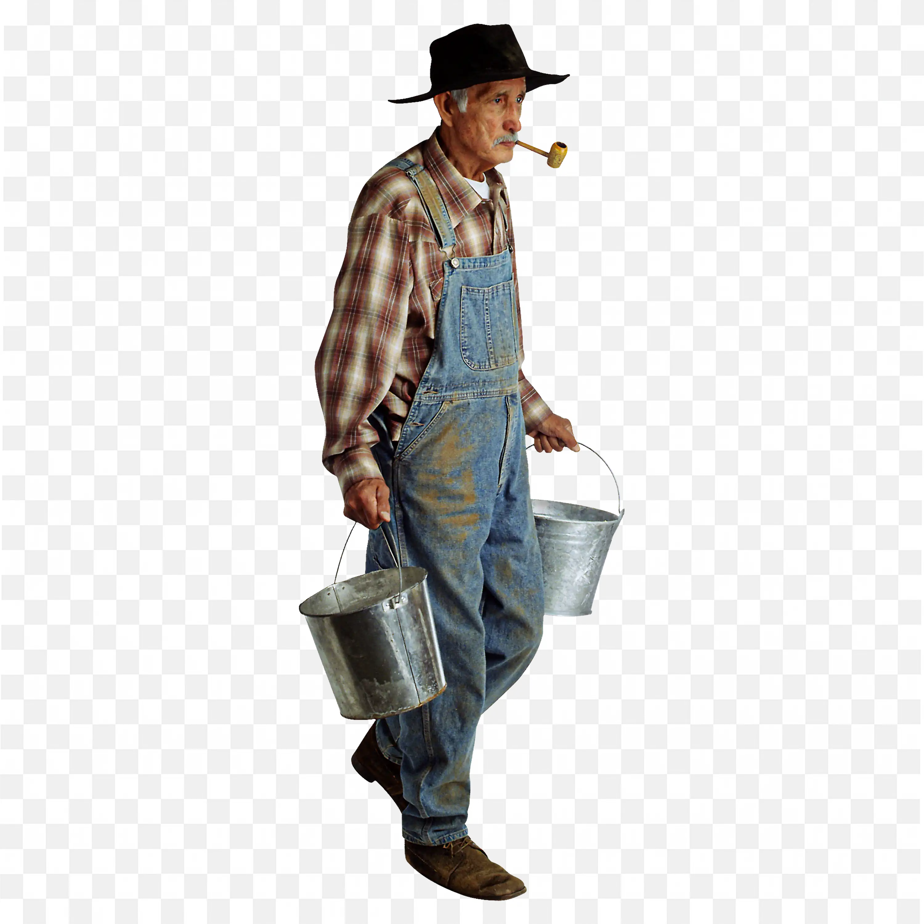 Farmer Walking with Two Buckets and Smoking Pipe Png Free