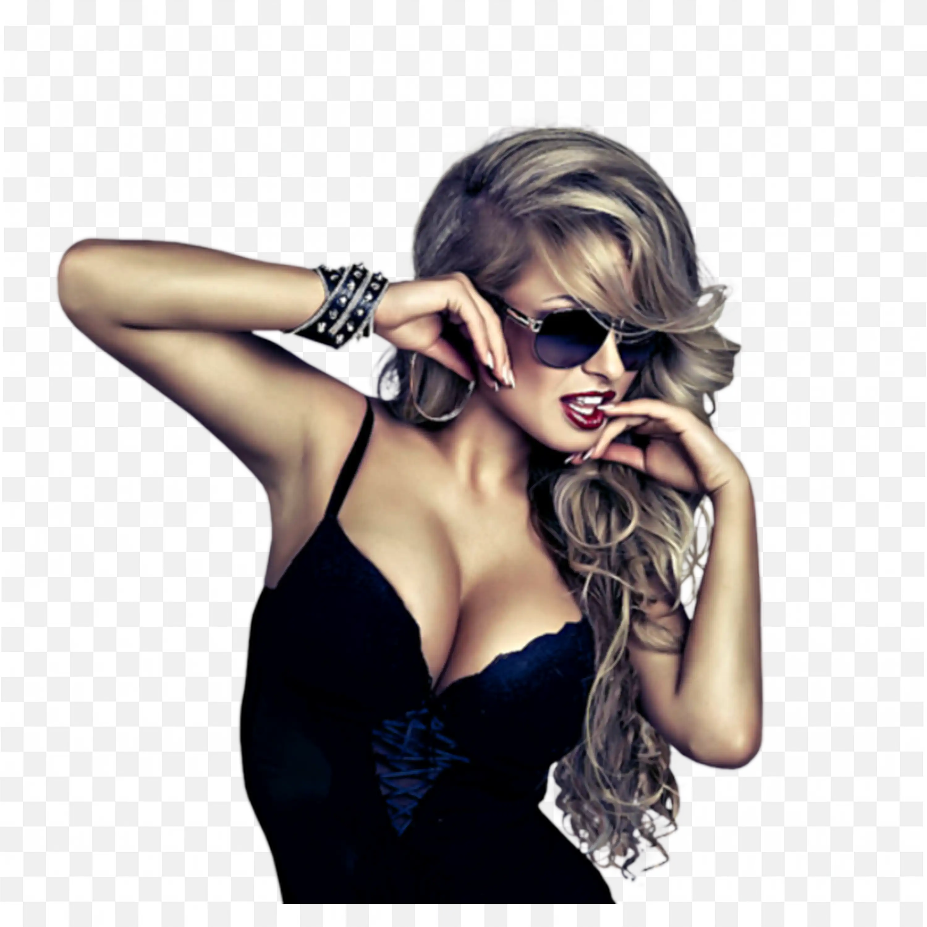 Fashion Woman in Black Dress and Sunglasses Pose Png Free