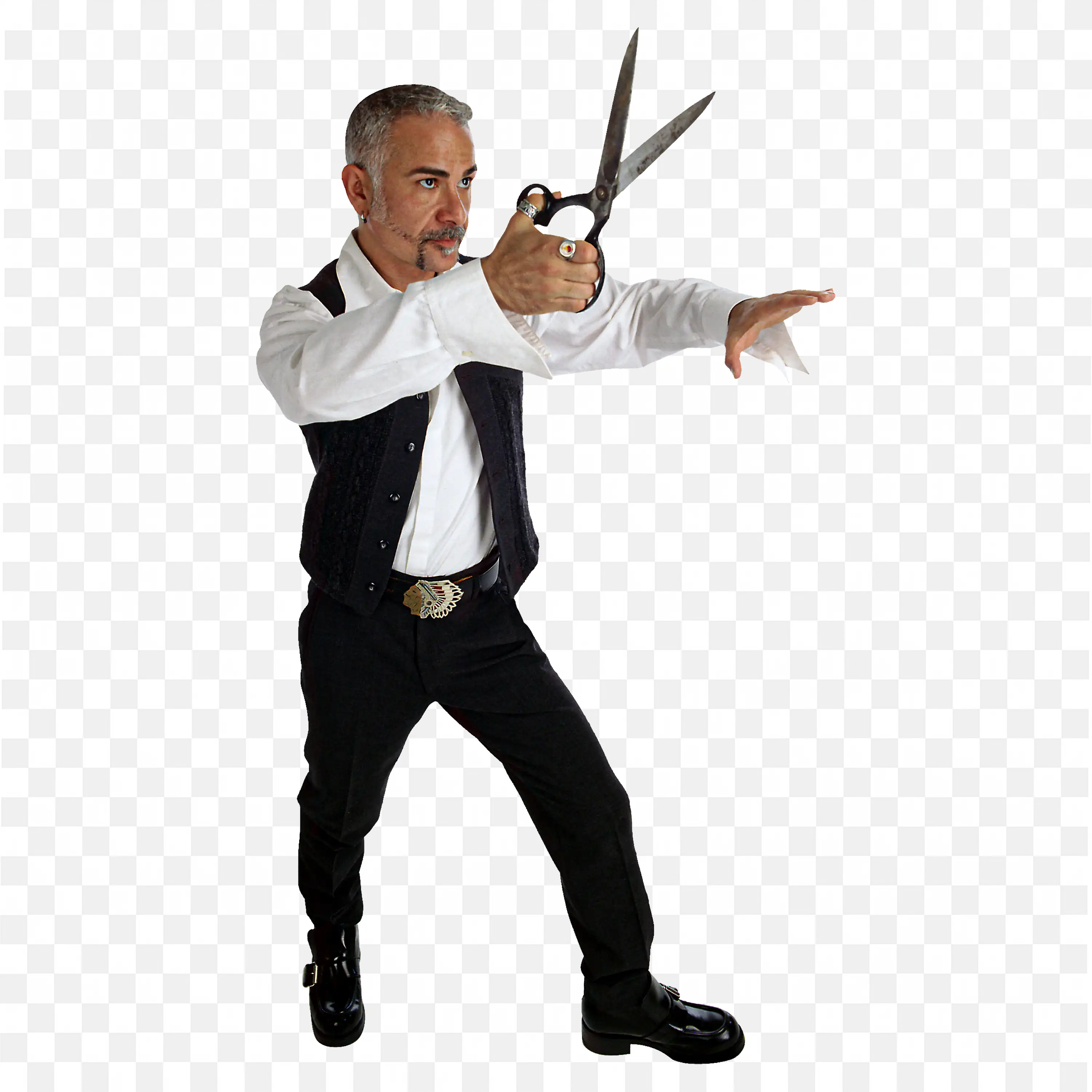 Fashion Designer Cutting Fabric with Scissors Action Pose