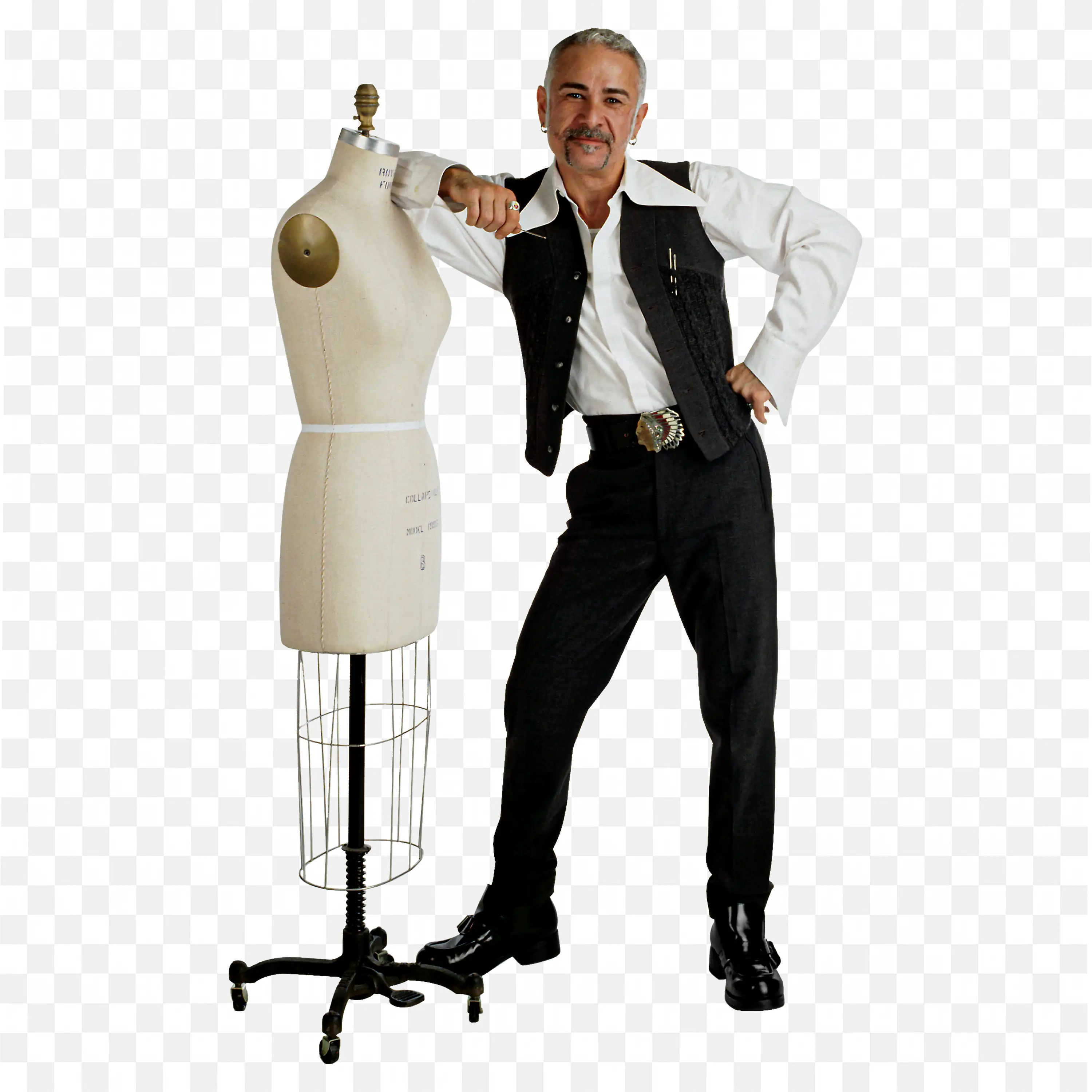 Fashion Designer Posing Confidently Next to Dressmaker Dummy