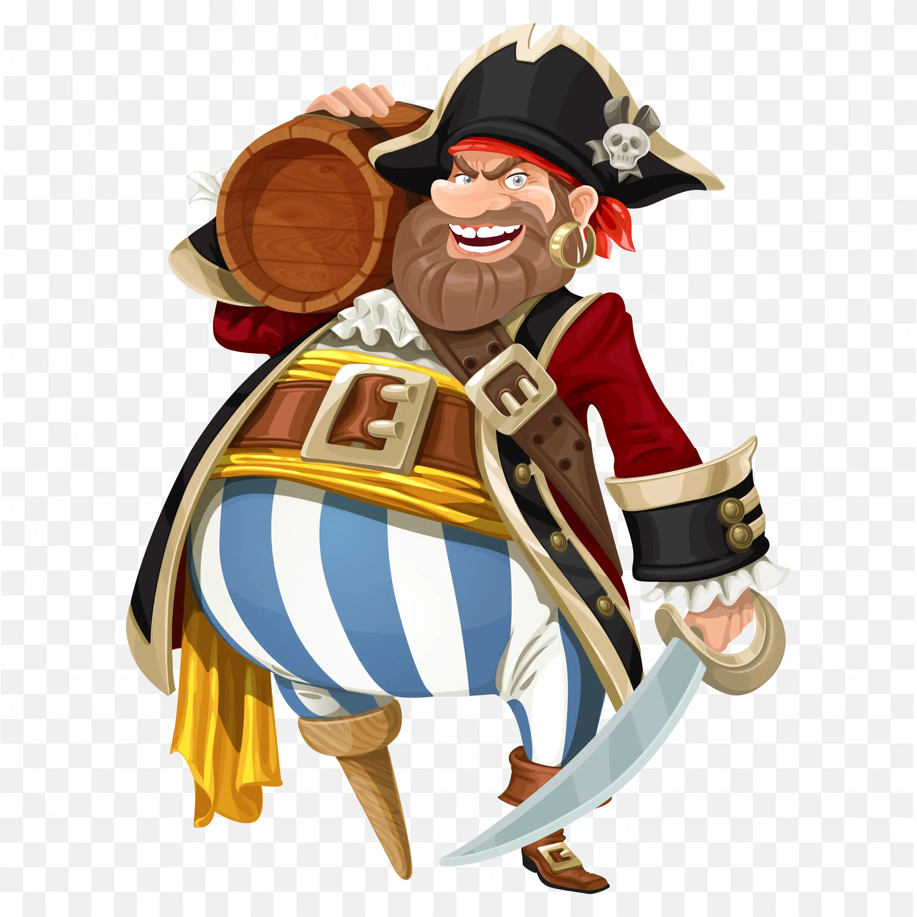 Fat Pirate Laughing with Drum and Sword in His Hand Png