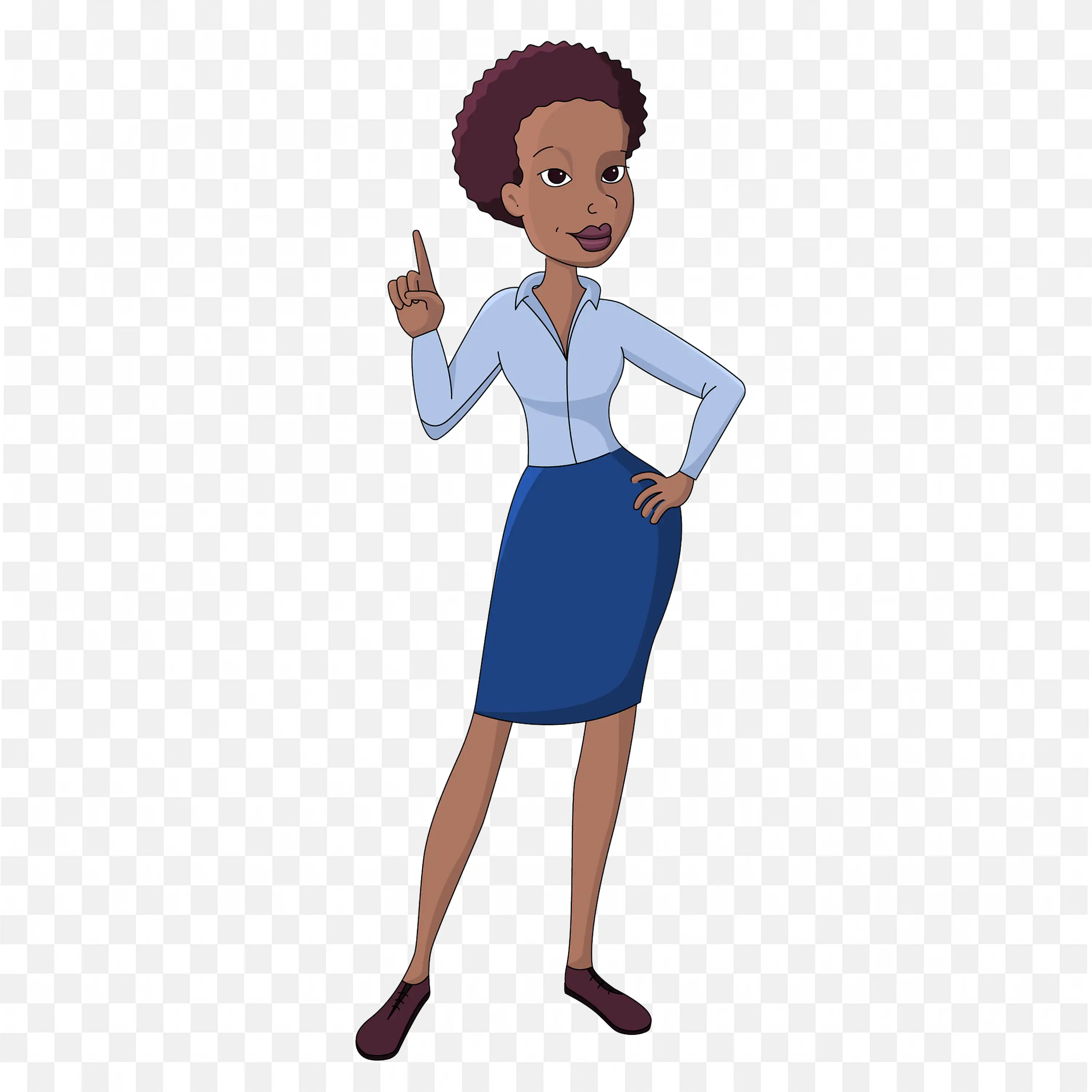 Female Cartoon Character in Blue Skirt Pointing Upward Png