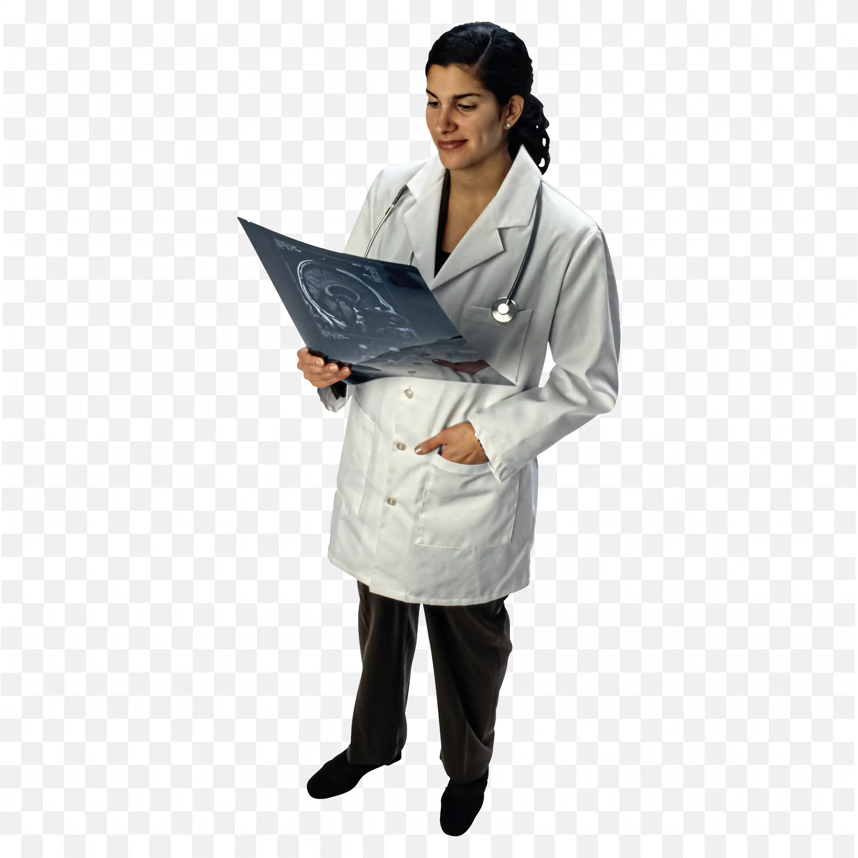 Female Doctor in White Coat Examining Xray Image Png Free