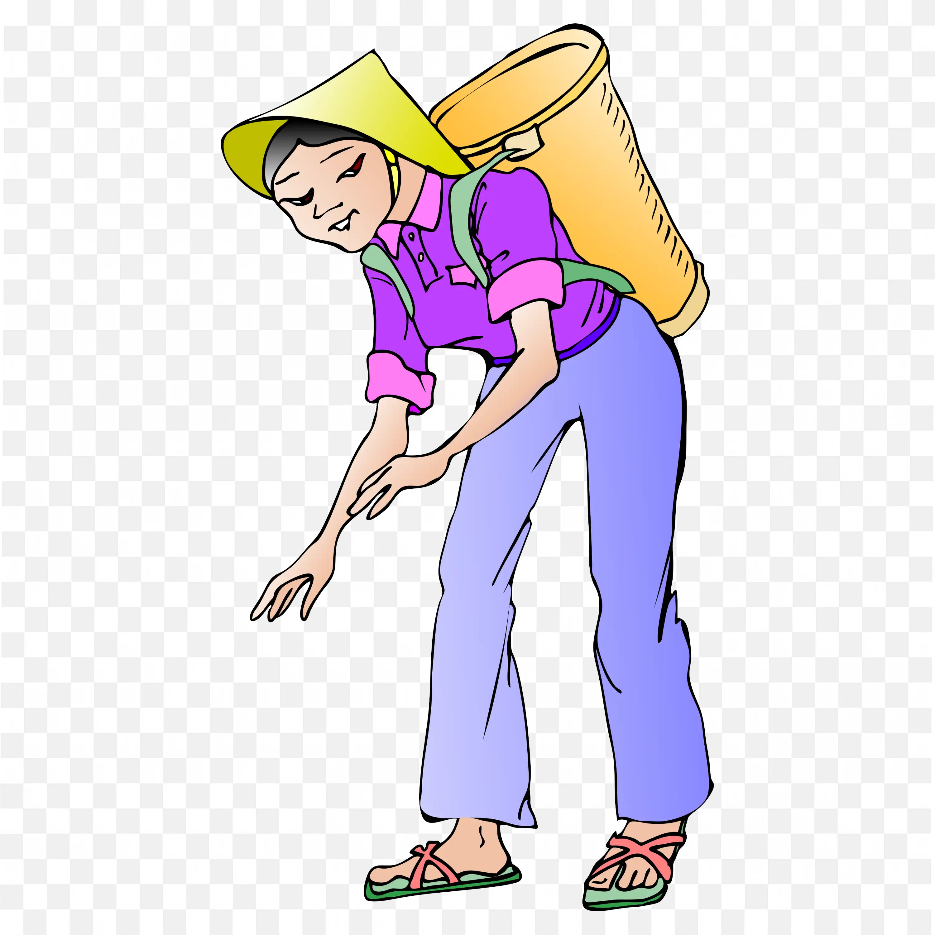 Female Farmer Carrying a Basket and Wearing a Conical Hat