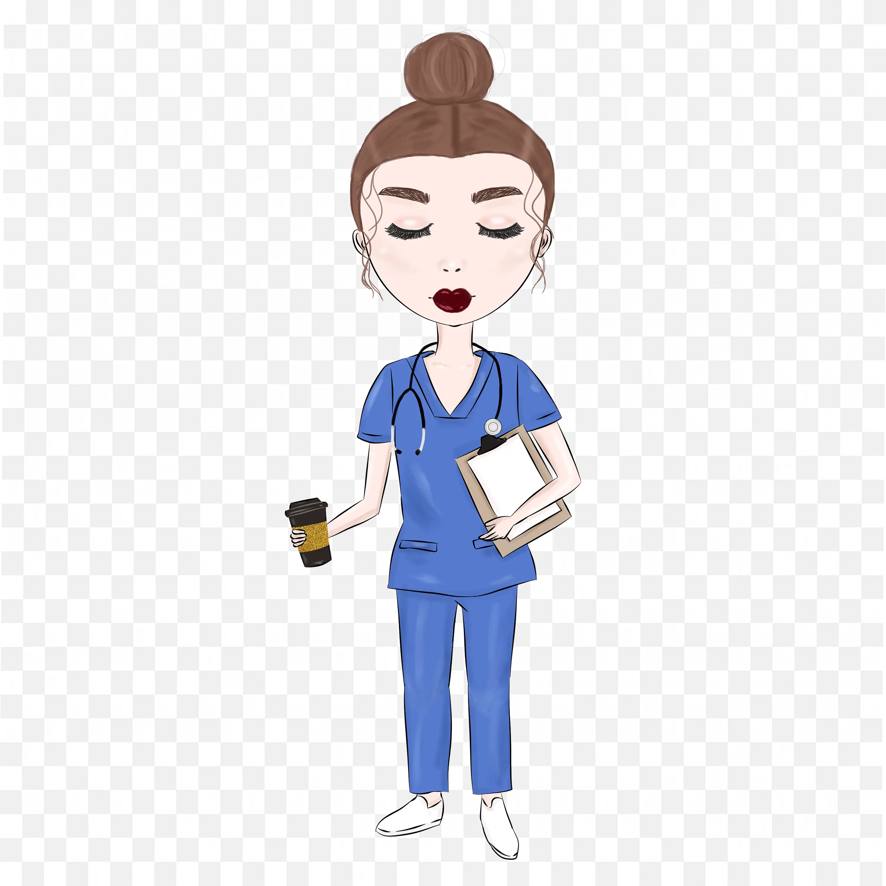 Female Nurse in Blue Uniform Holding Coffee and Clipboard