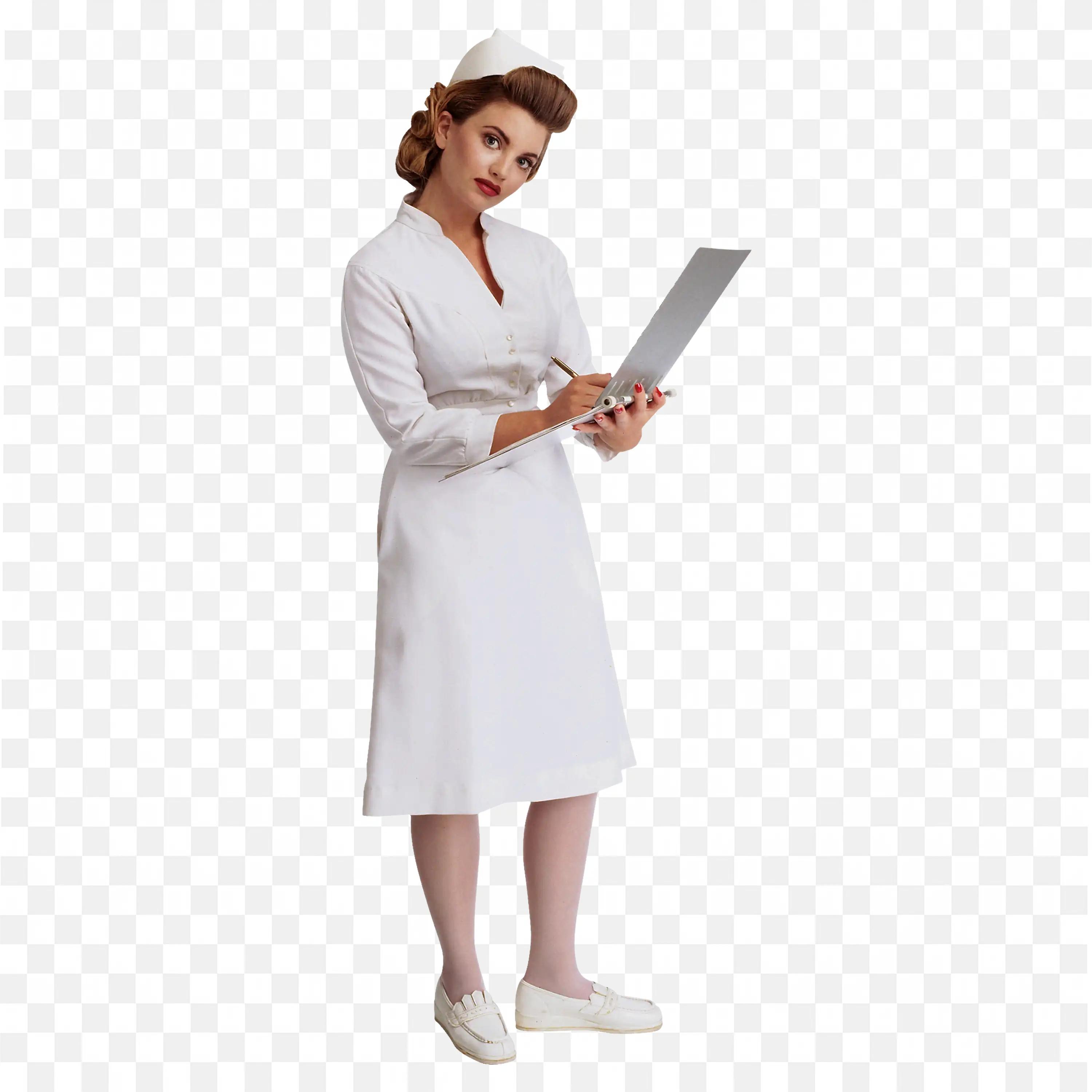 Female Nurse in White Uniform Reviewing Medical Records Png