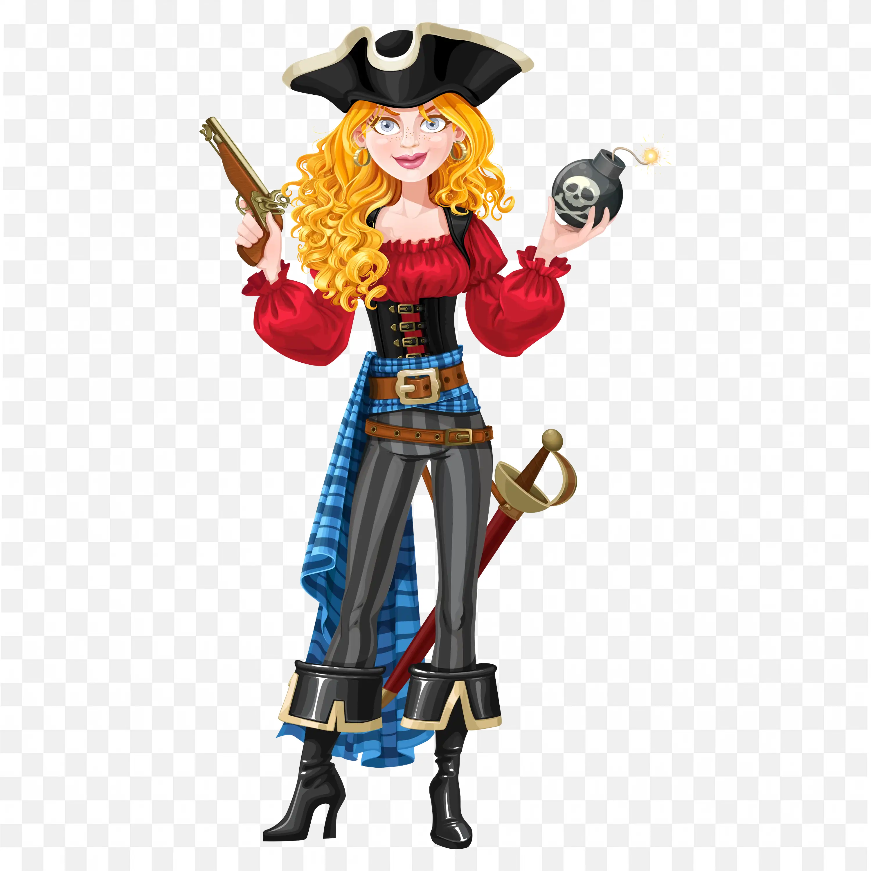 Female Pirate with a Pistol and an Active Bomb in Hand Png
