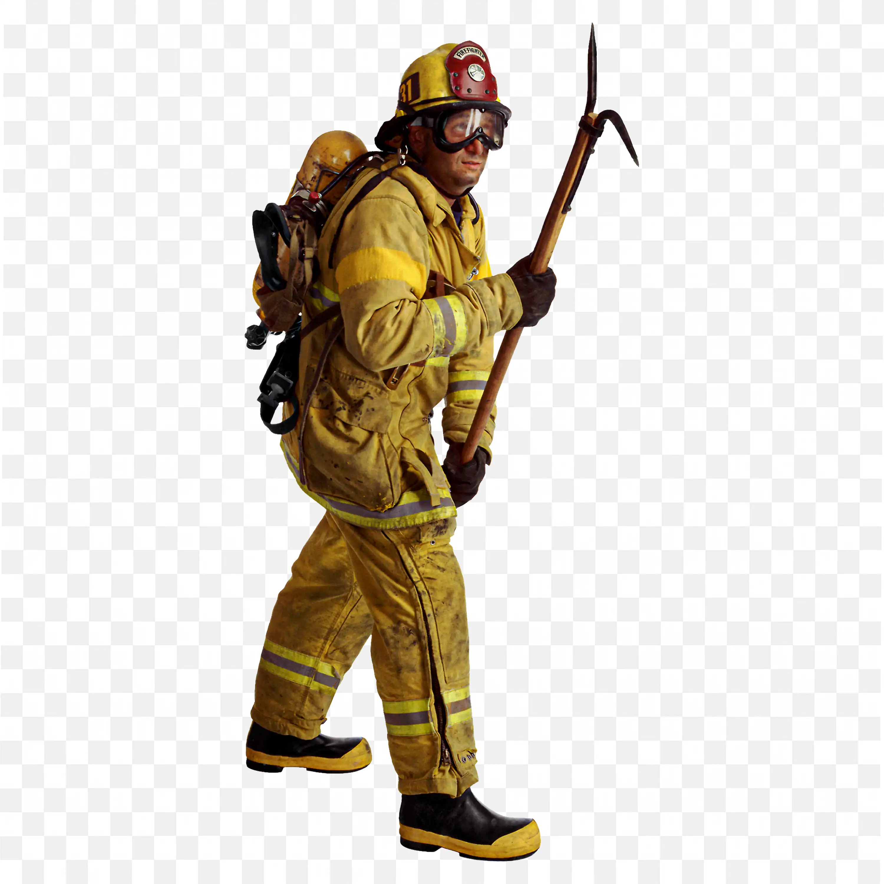 Firefighter Holding Tool and Walking to Control a Fire Png