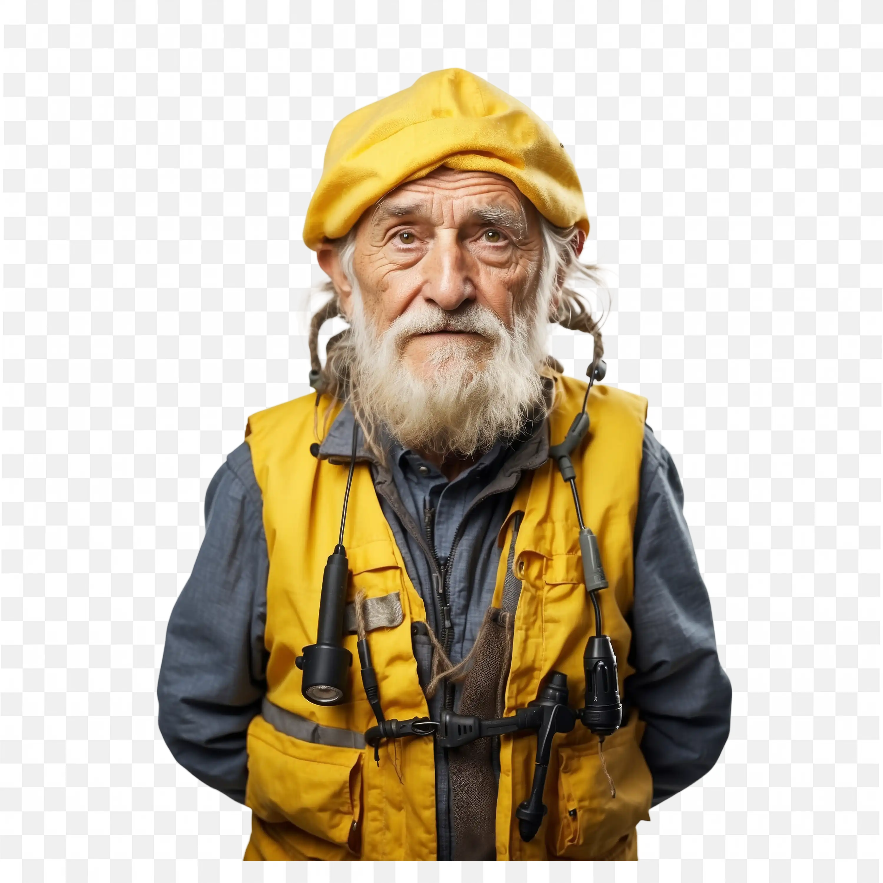 Fisherman in a Yellow Waistcoat and a Hat with Fishing Tools
