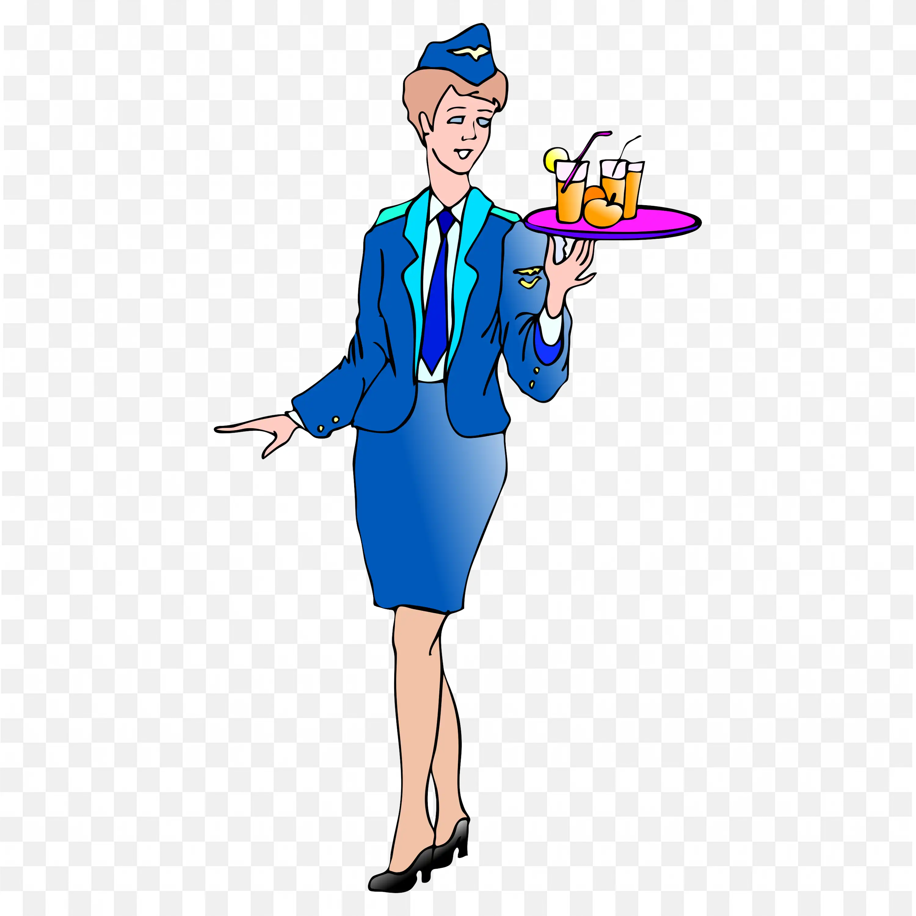 Flight Attendant in Blue Uniform Holding Tray with Drinks