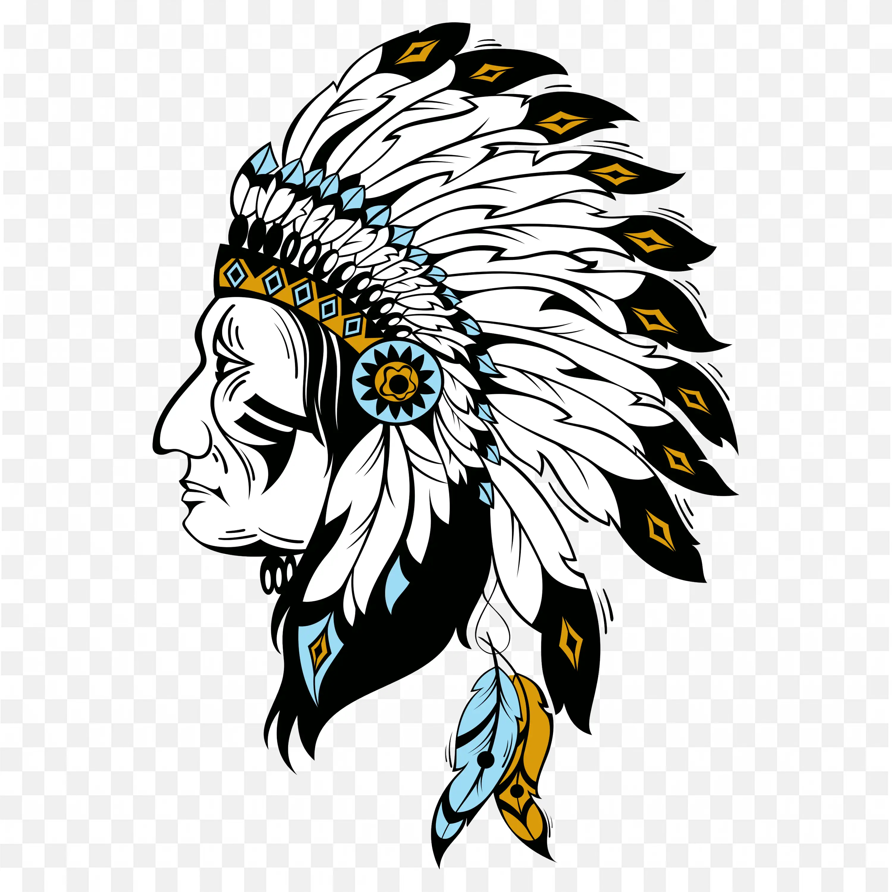 Focused View of American Chief Wearing Feather Headdress