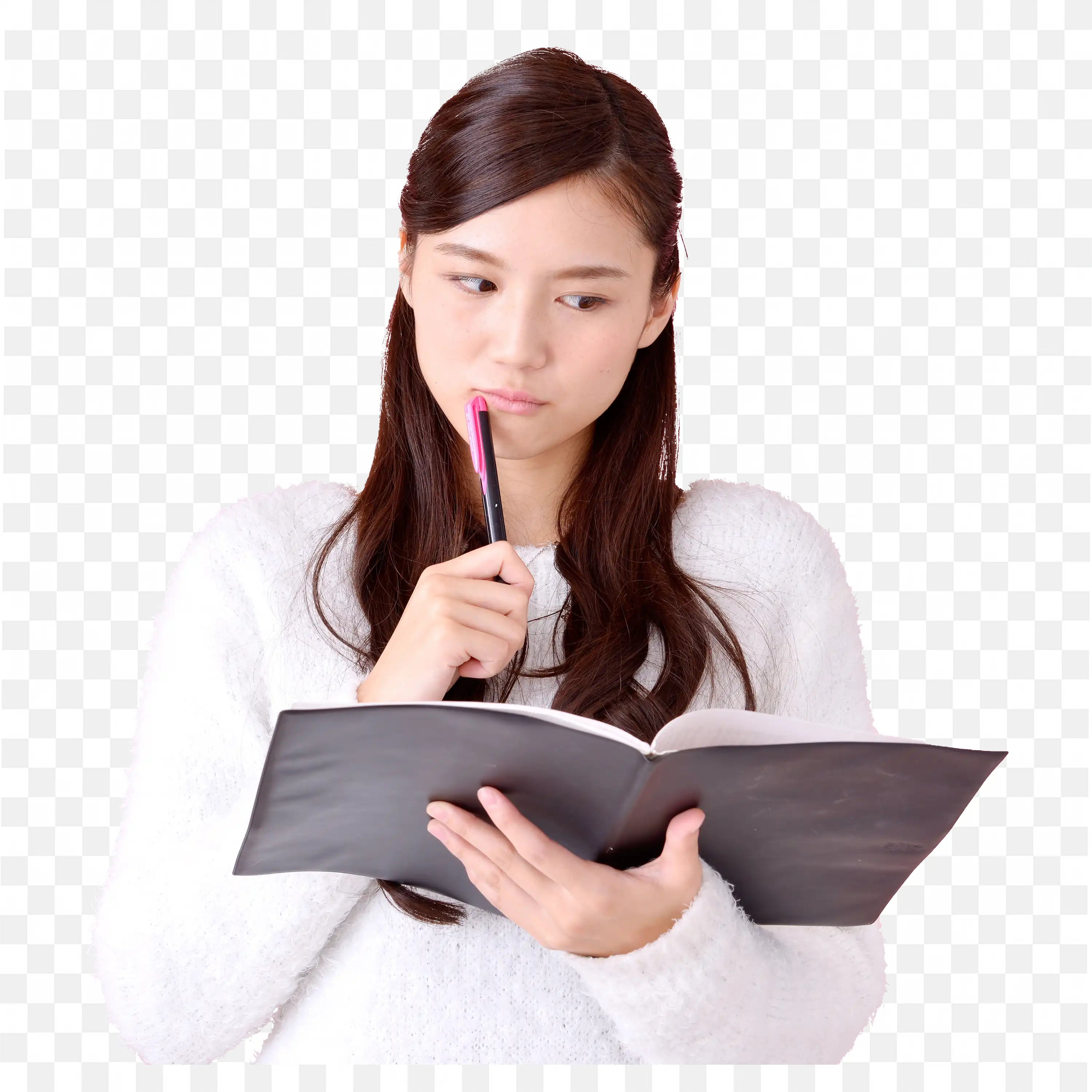 Focused Young Woman Thinking While Reading Notebook Png