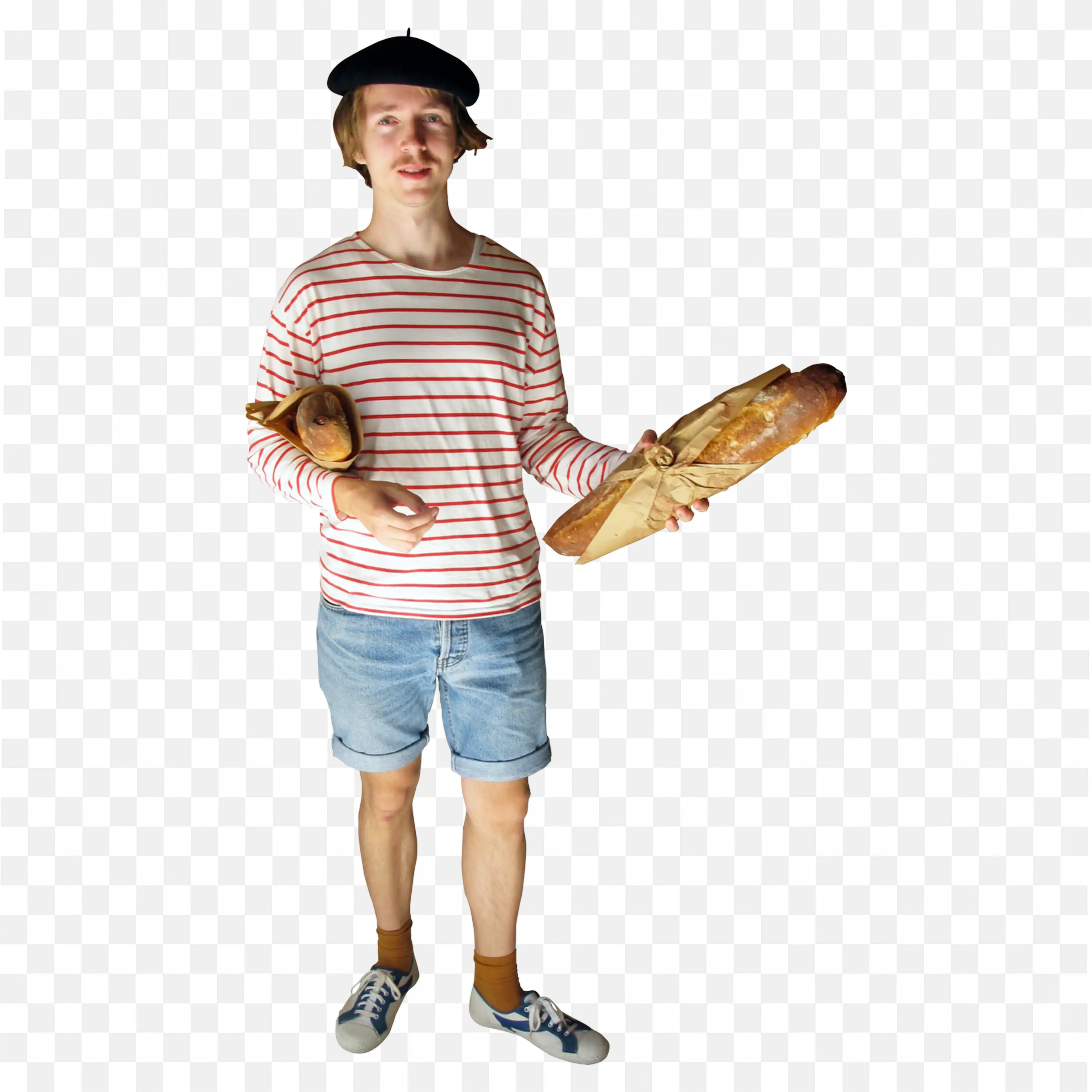 French Themed Man Posing with Bread and Stripes Free Png