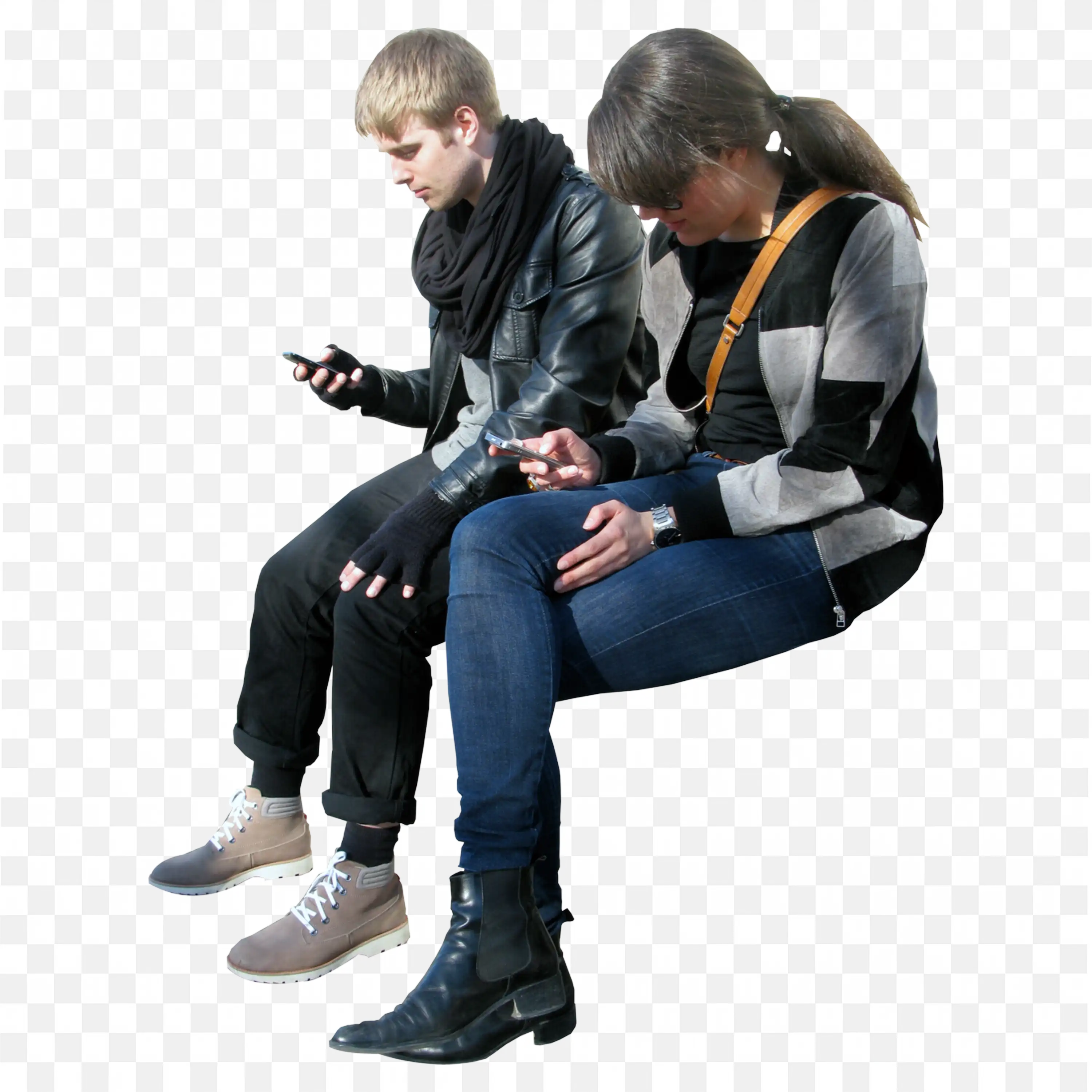 Friends Sitting Together and Looking at Mobile Phones Png