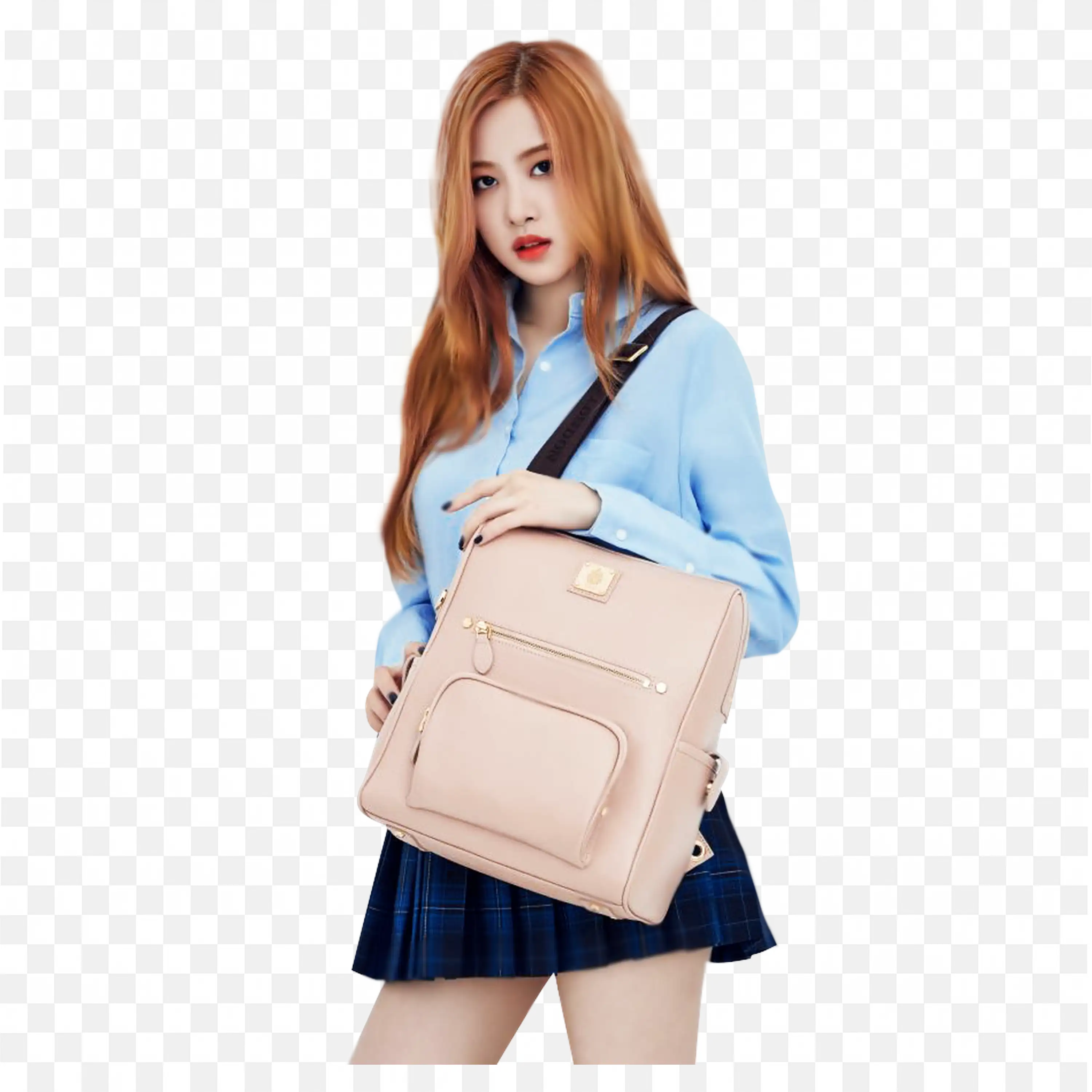 Girl in Blue Top and Skirt Holding a Backpack Png for Free