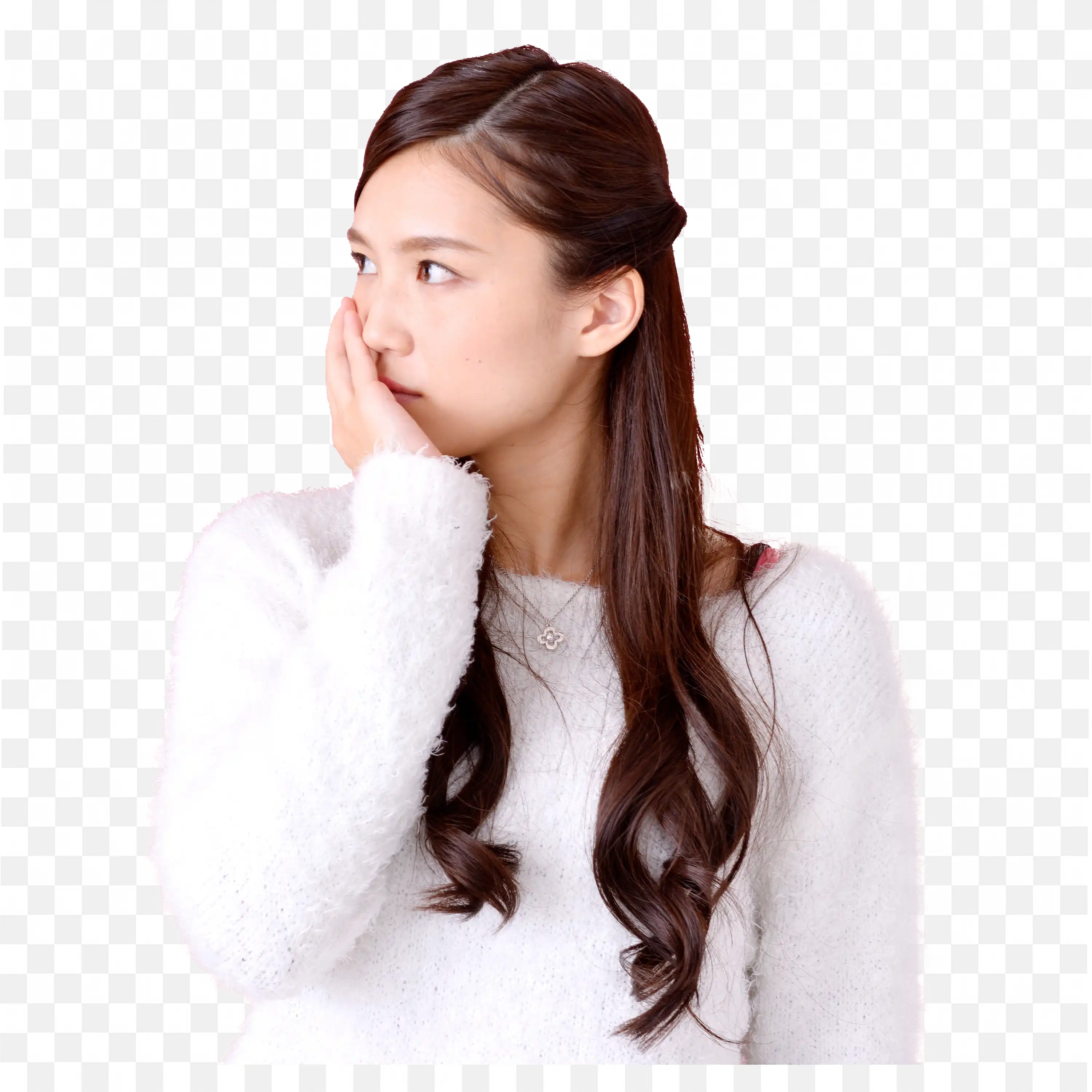 Girl in White Sweater Thinking By Touching Her Face Png