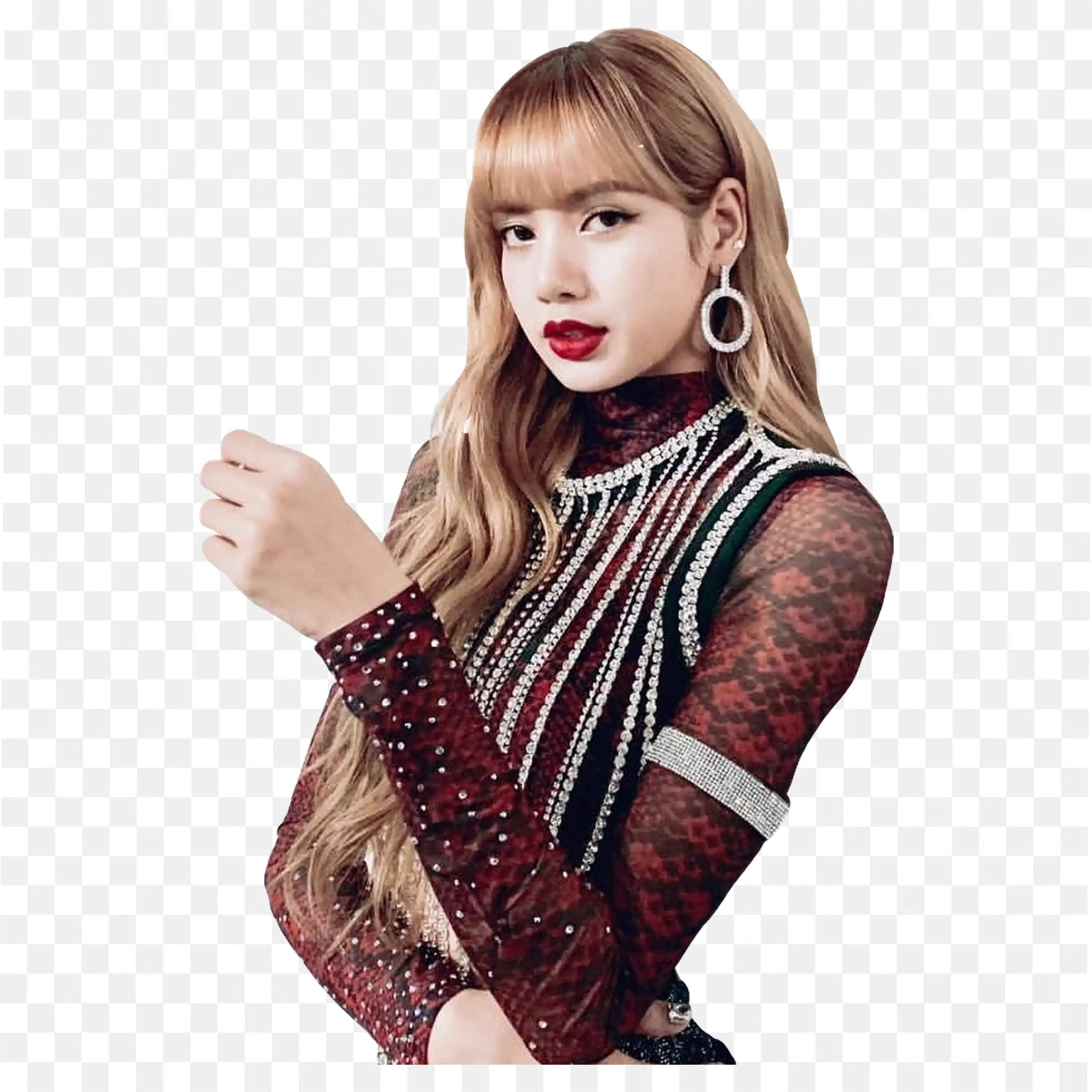 Glamorous Woman in Designer Dress and Bold Earrings Png Free